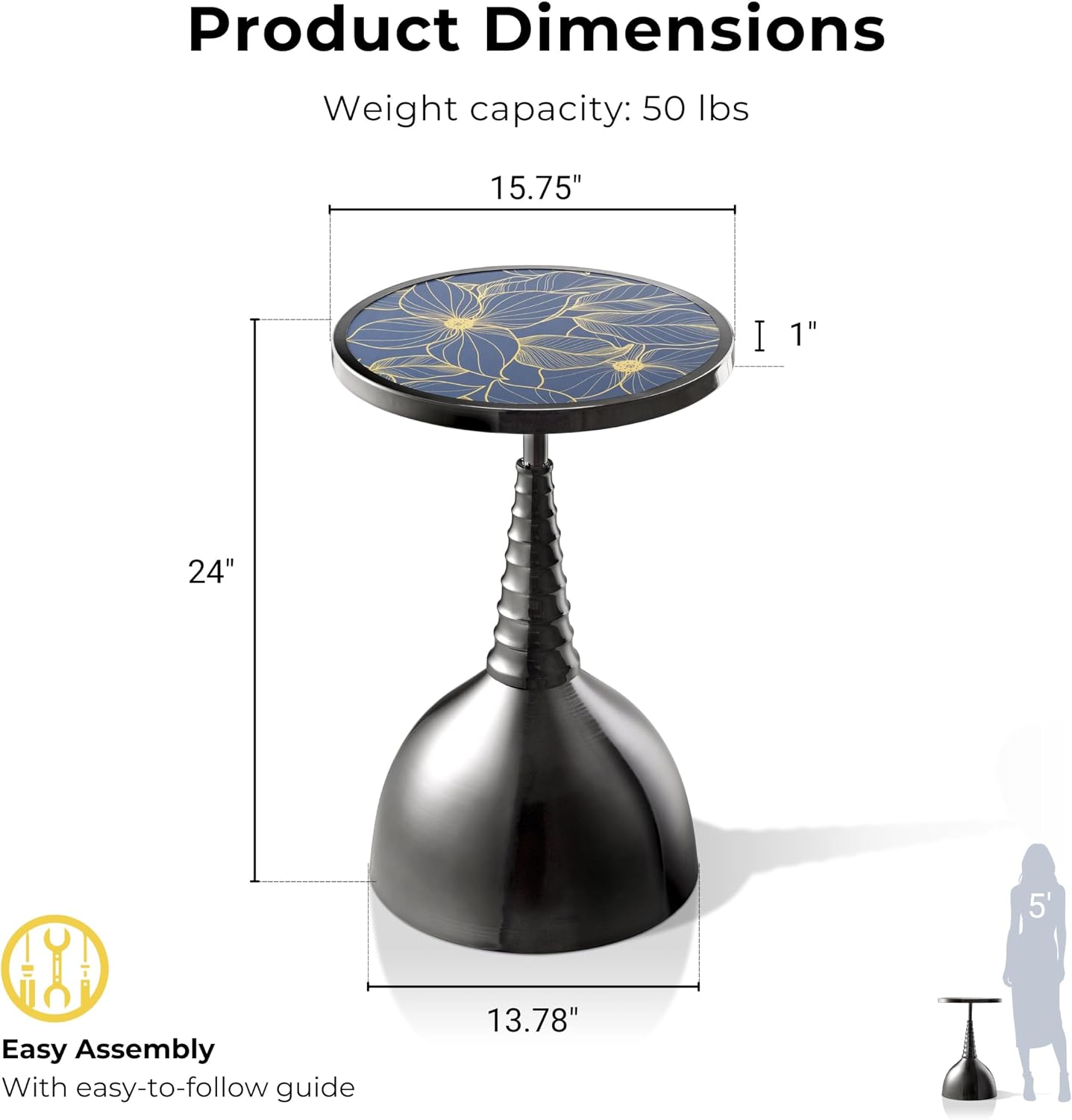 Homes: Inside + Out Halric Modern 24' Tall Round End Table with Decorated Tabletop and Iron Metal Base, Accent Furniture, Elegant Pedestal Stand for Living Room, Home Office, Black with Floral Print