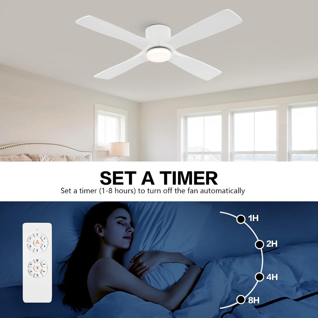 WINGBO 54 Inch Flush Mount DC Ceiling Fan with Lights and Remote, 4 Reversible Carved Wood Blades, 6-Speed Noiseless DC Motor, Hugger Ceiling Fan in Gloss White with White Blades