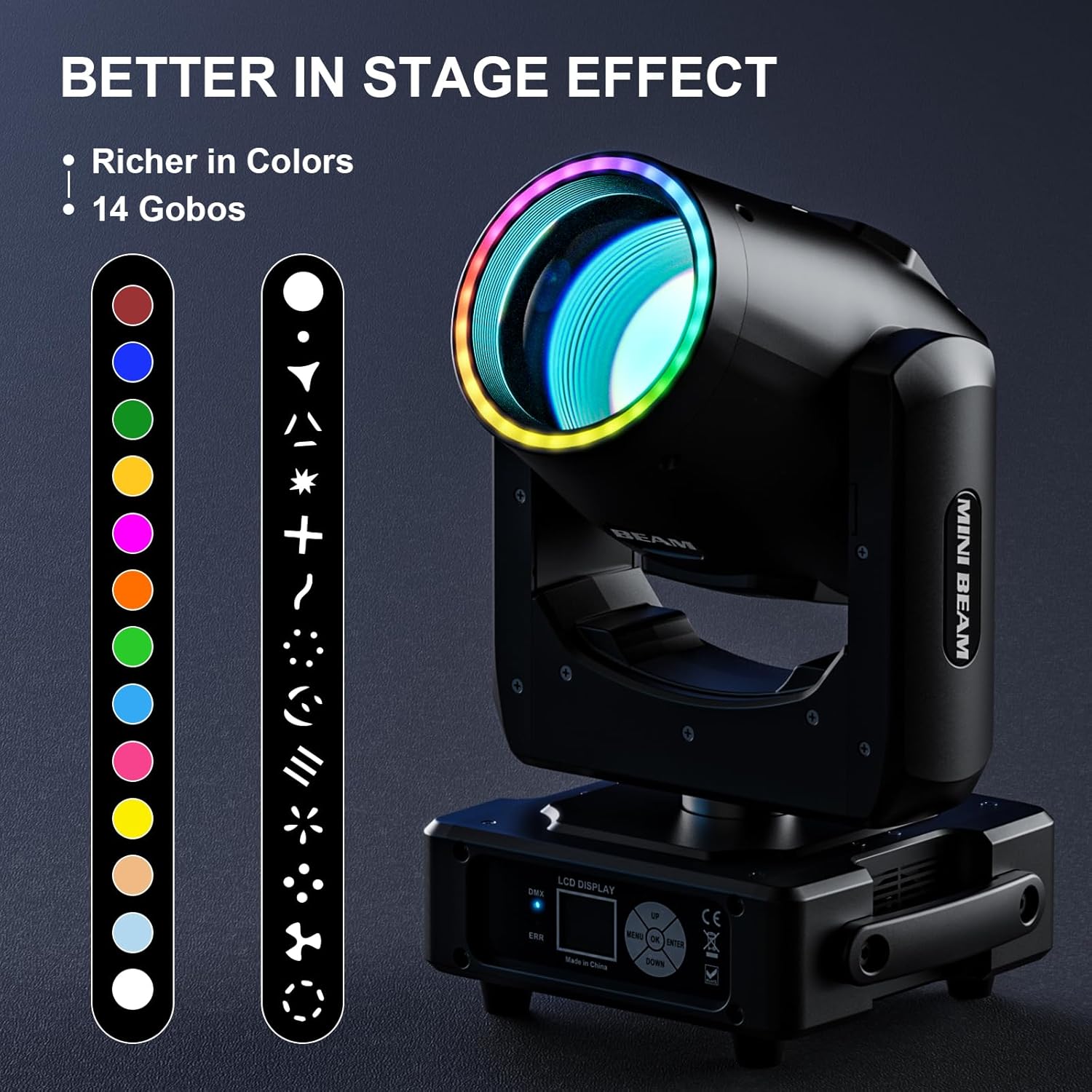2 Pack Wiwreenm 230W 7R Moving Head DJ Light 14Gobos 14 Colors Prisms/Wash/Beam/Frost/Rainbow Stage Effect Spotlights 48-Facet Prism 2.3° Beam Angle 18CH DMX512 Sound Activated Lights