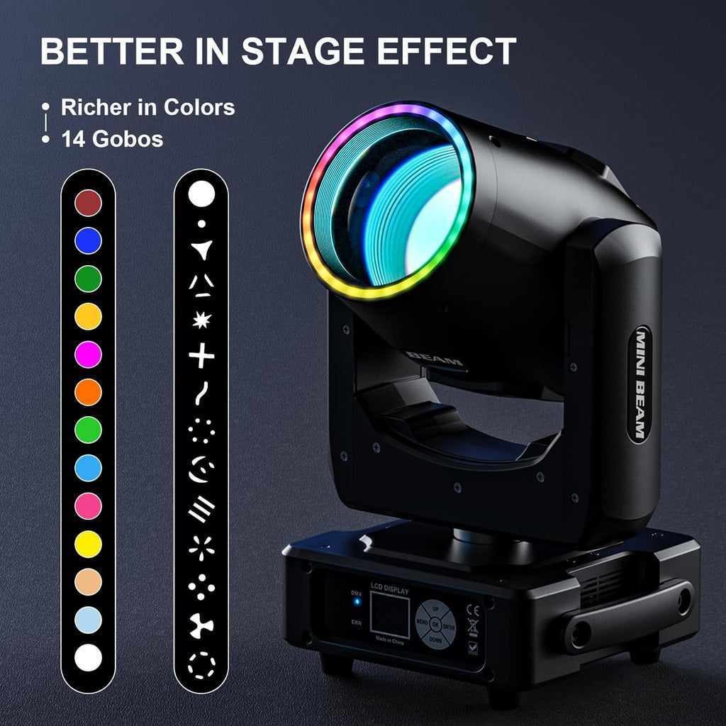 4 Pack Wiwreenm 230W 7R Moving Head Beam Lights with 27 * 0.5W Aperture LED Spotlight,48-Facet Prisms 14 Gobos 14 Colors,DMX-512 Control 18CH Sound Activated DJ Lights