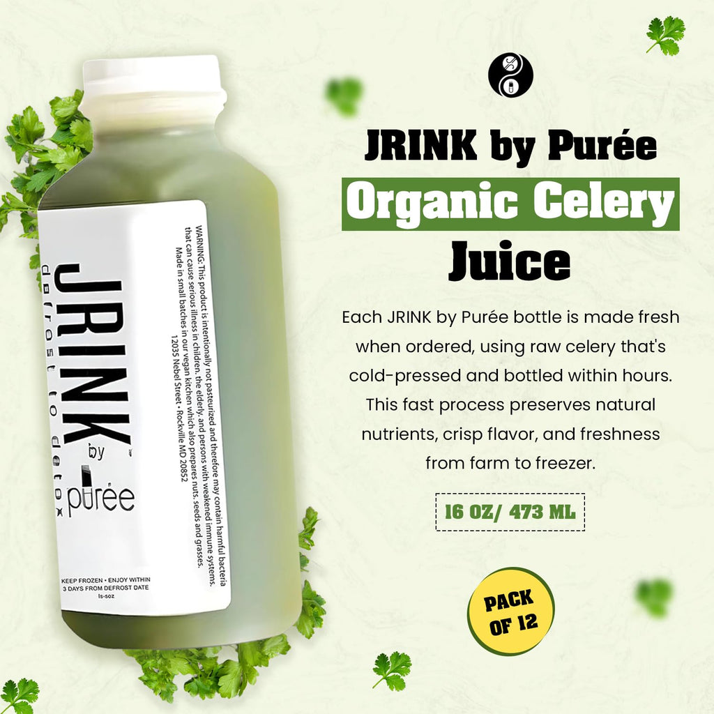 JRINK by Purée Organic Celery Juice, Cold Pressed Detox Cleanse Drink, Organic Vegetable and Fruit Healthy Cleanse, Raw Pressed Juice, Fresh, Pure, No Preservatives, 12 Bottles, 16oz Each