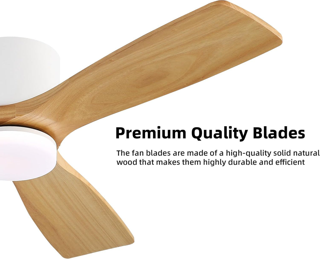 WINGBO 48 Inch Flush Mount DC Ceiling Fan, 3CCT Dimmable Light, 3 Carved Wood Blades, 6-Speed Noiseless Reversible DC Motor, Hugger Low Profile Fan, Gloss White Finish with Oak Blades, ETL Listed