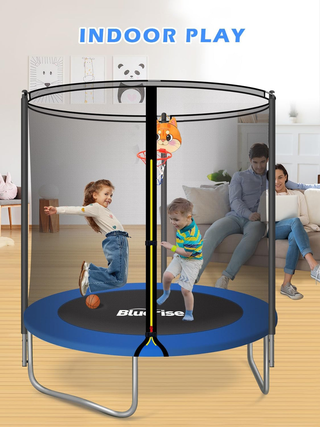 BLUERISE 55IN 6FT Toddler Trampoline for Kids Indoor Outdoor Play for Kids Trampoline Basketball Hoop Attachment with Enclosure Net Easy to Assemble