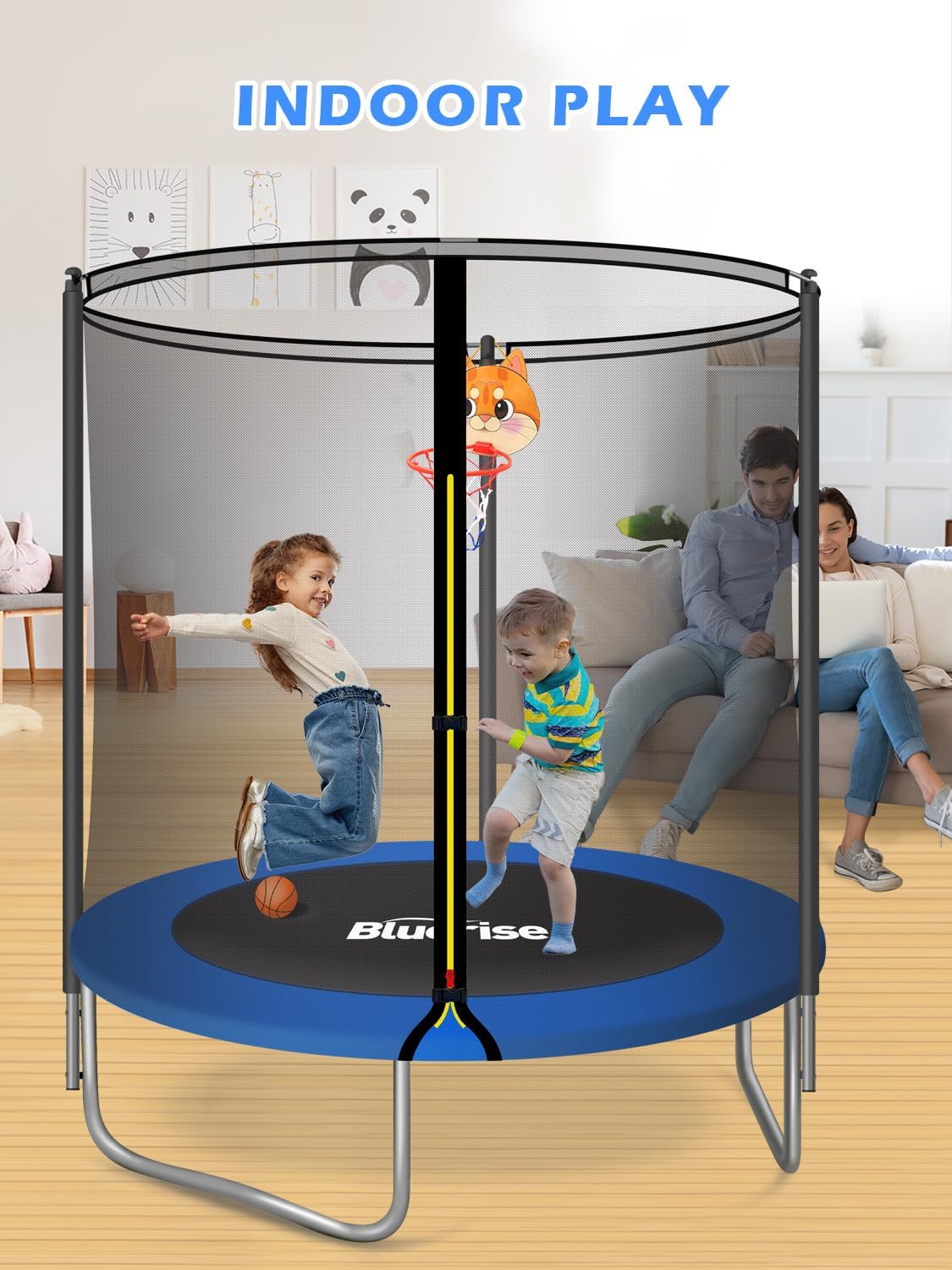 BLUERISE 55IN 6FT Toddler Trampoline for Kids Indoor Outdoor Play for Kids Trampoline Basketball Hoop Attachment with Enclosure Net Easy to Assemble