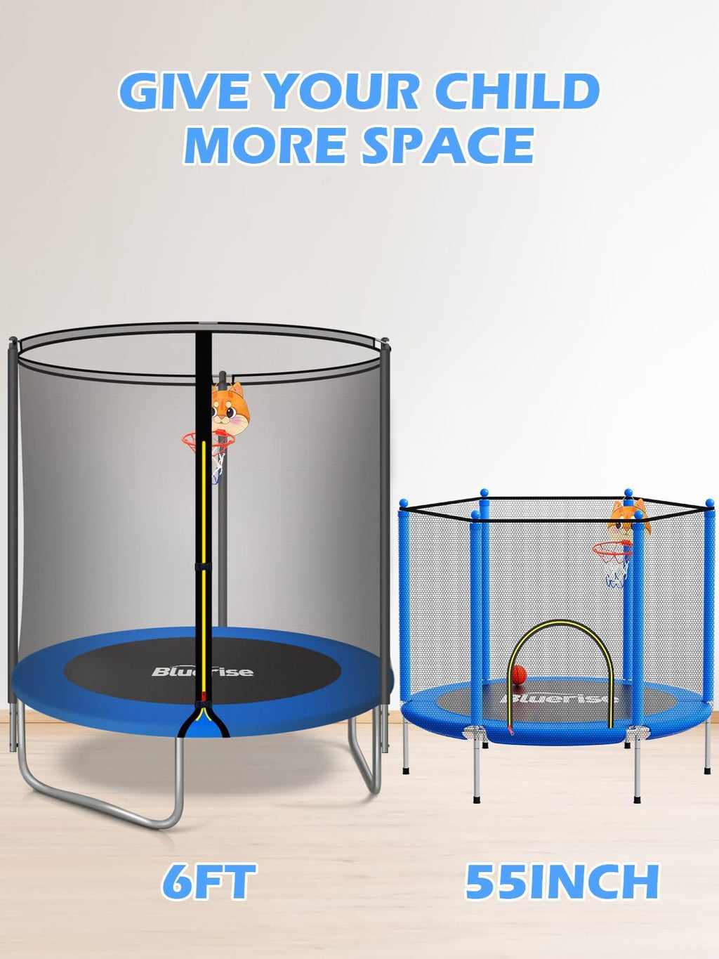 BLUERISE 55IN 6FT Toddler Trampoline for Kids Indoor Outdoor Play for Kids Trampoline Basketball Hoop Attachment with Enclosure Net Easy to Assemble