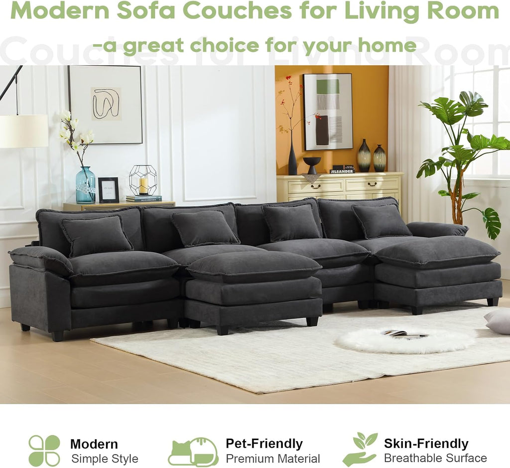 Oprisen 154' Modular Sectional Sofa, Comfy Cloud Couch Sectional Sofa with Ottoman, Velvet Sofa Sleeper Deep Seat Sofa with Throw Pillows for Living Room (Blue Gray, 154'- U Shape)