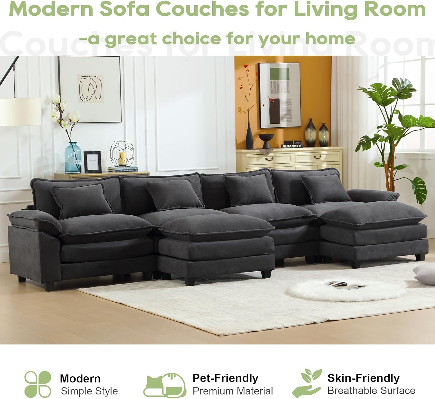 Oprisen 154' Modular Sectional Sofa, Comfy Cloud Couch Sectional Sofa with Ottoman, Velvet Sofa Sleeper Deep Seat Sofa with Throw Pillows for Living Room (Blue Gray, 154'- U Shape)