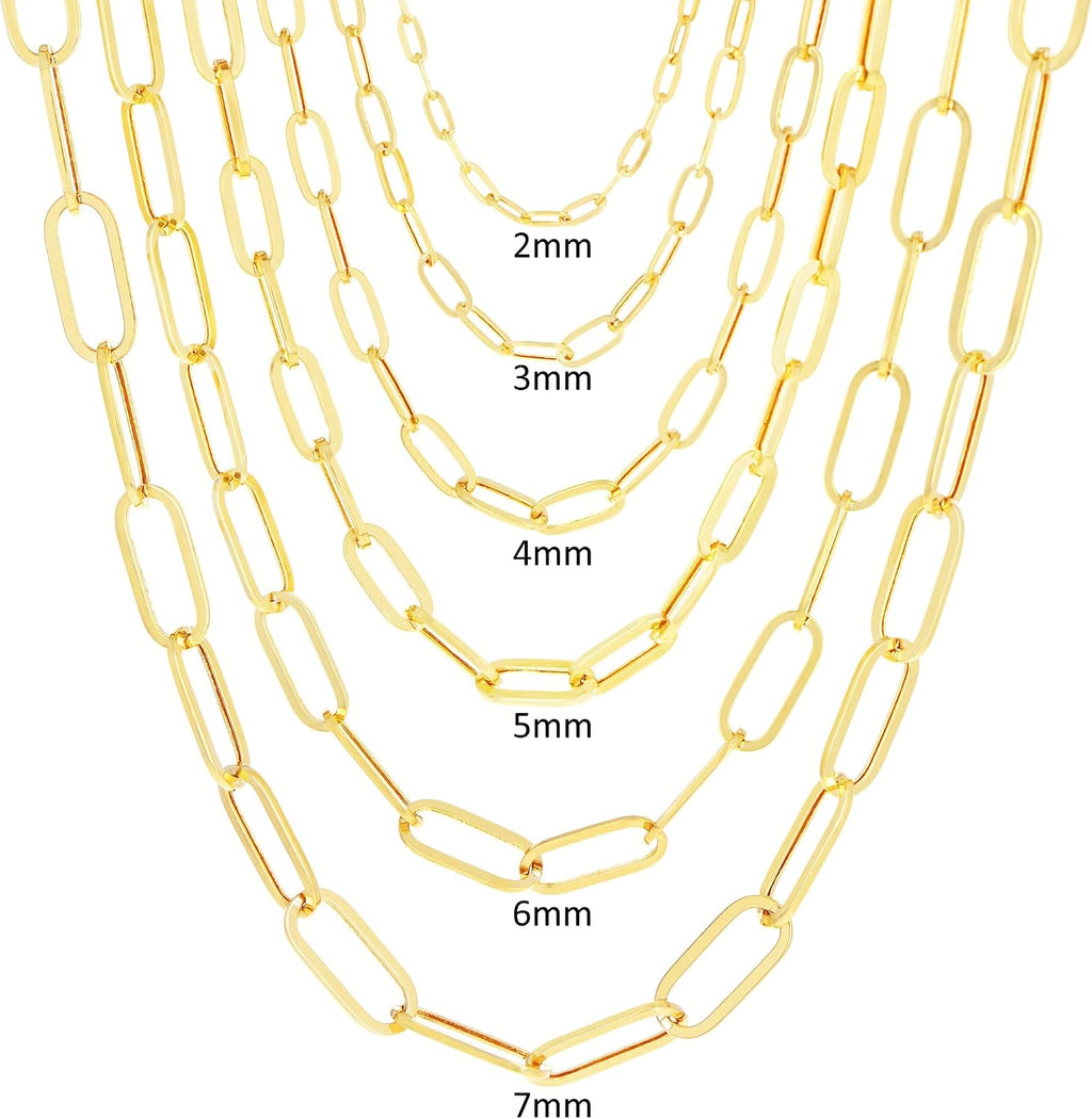 Nuragold 14K Real Yellow Gold Paperclip Chain Elongated Cable Link Necklace 16'-24' (2mm-7mm) Italian Jewelry for Men & Women