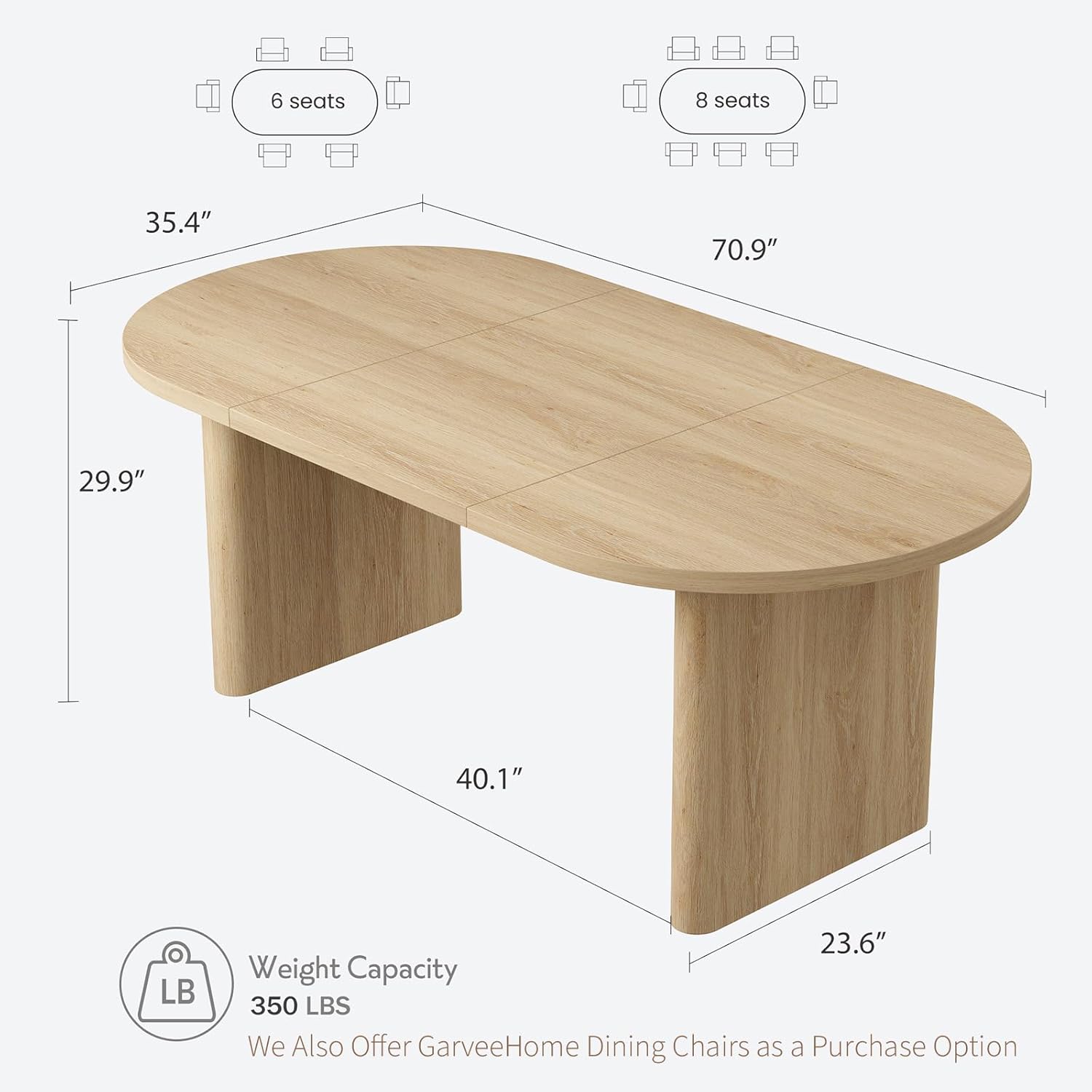 GarveeHome Oval Dining Table for 6-8 People, Long Large Kitchen Table with Thick Sturdy Wooden Base, Farmhouse Dining Room Table for for Kitchen, Living Room, Office (70.87' Long,Natural)