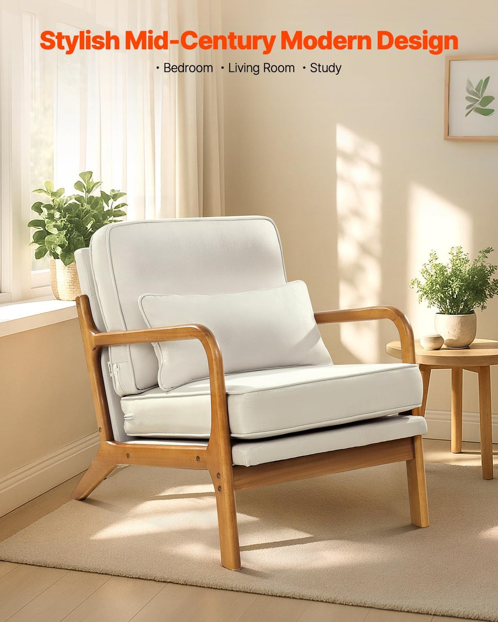 VEVOR Accent Chair, Mid Century Modern Armchair with Solid Wood Frame and Non-Slip Legs, Upholstered Leisure Chair with Linen Fabric and 5.7 in Thickened Cushion, for Living Room, Bedroom, Office