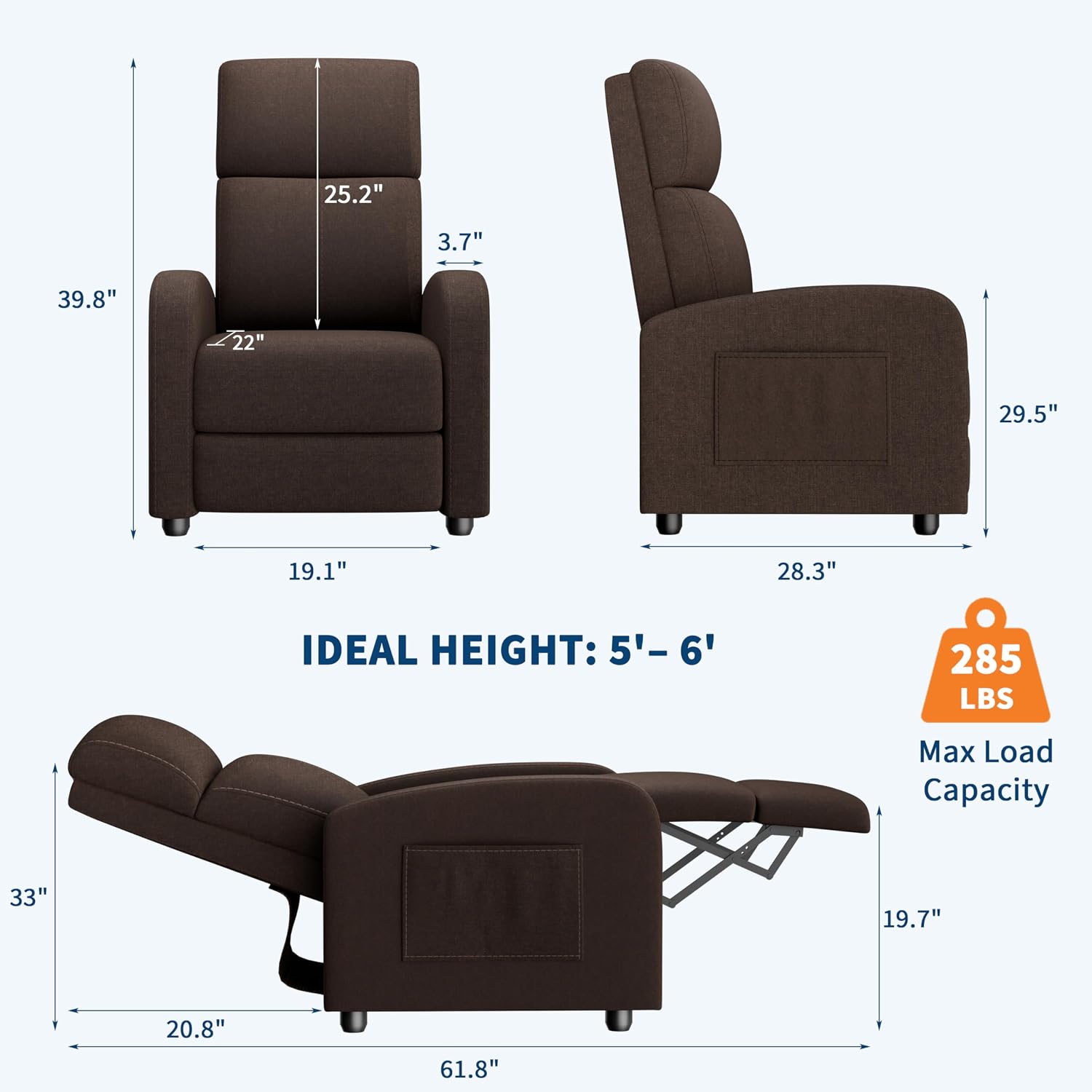 GarveeHome Linen Fabric Manual Recliner Chair, with Side Pocket, High Backrest, Thick Cushion, Adjustable Push Back Recliner, Lazy Lounge Chair for Living Room, Home Theater, Bedroom, Brown