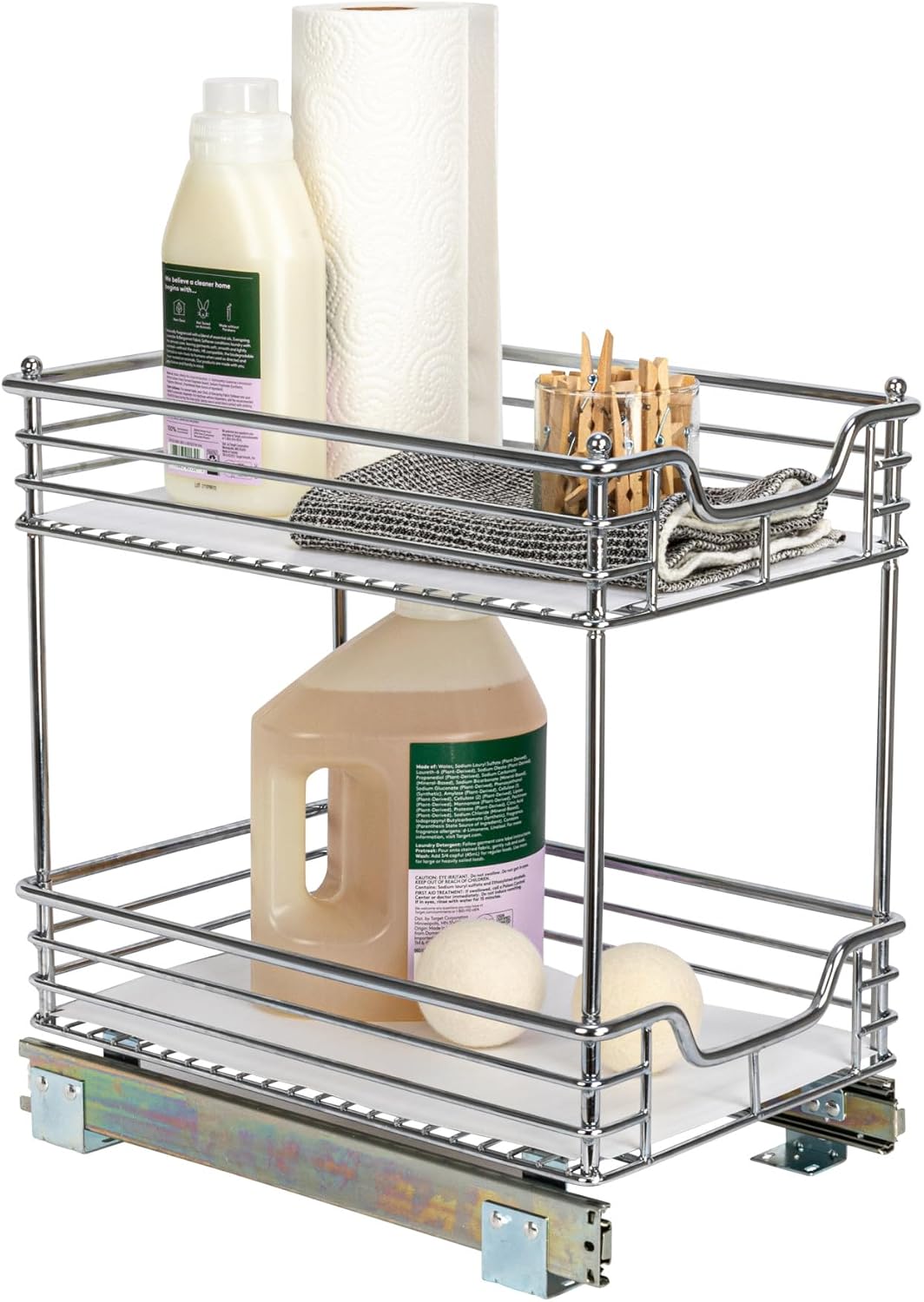 Household Essentials Glidez 2‑Tier Multipurpose Large Chrome‑Plated Steel Pull‑Out/Slide‑Out Under Cabinet Organizer with Plastic Liner, Chrome Finish