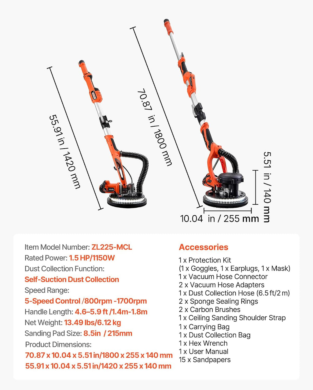 VEVOR Drywall Sander, 1150W Electric Drywall Sander, Popcorn Ceiling Removal Tool with Vacuum Dust Collection, 5 Variable Speed 800-1700 RPM, LED Light, Foldable & Extendable Handle, 15 Sanding Discs