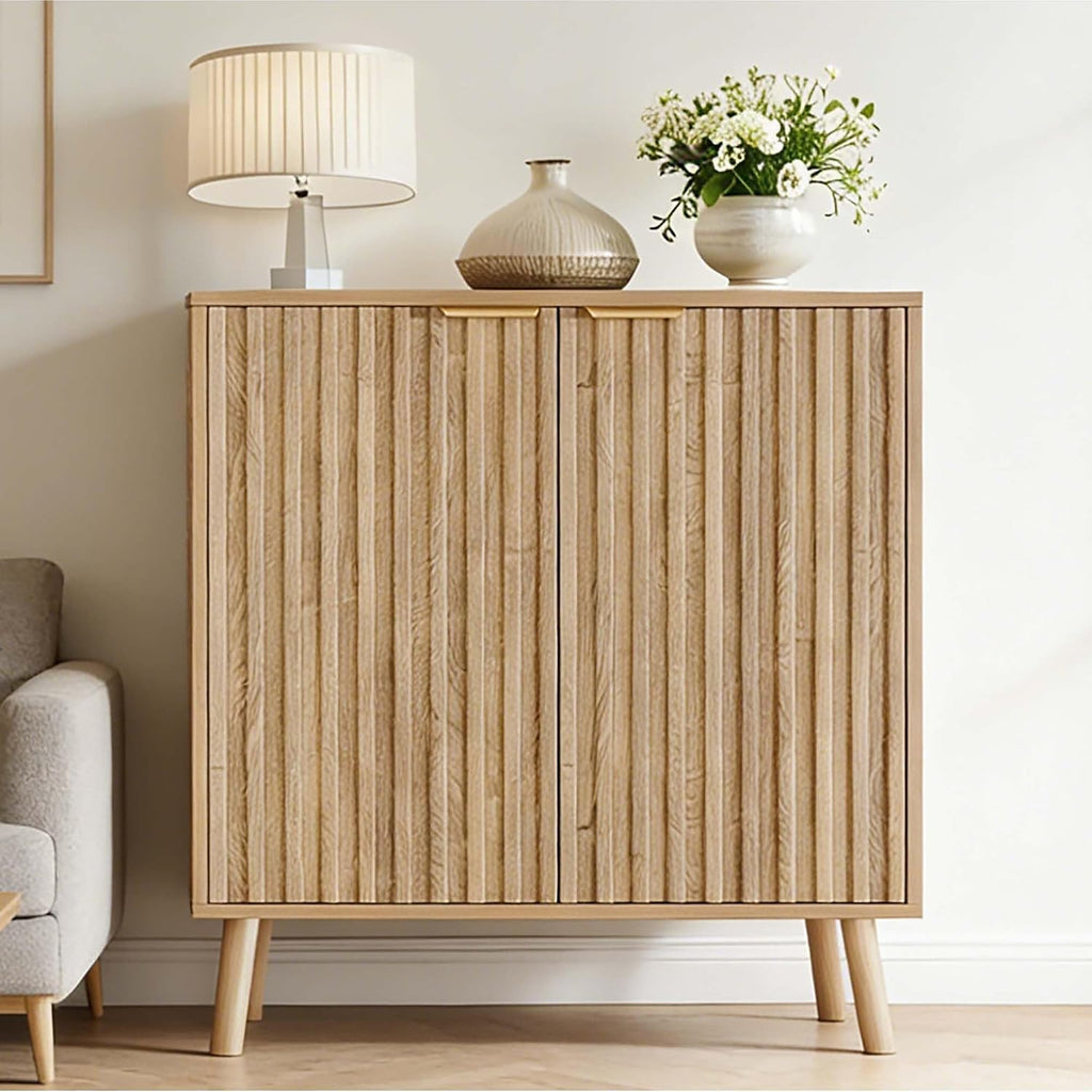 Pamapic Fluted Storage Cabinet, Sideboard Buffet Cabinet with Storage, Wood Credenza with Adjustable Shelves, Modern Accent Cabinet for Living Room, Kitchen, Entryway, Natural(2, Natural)