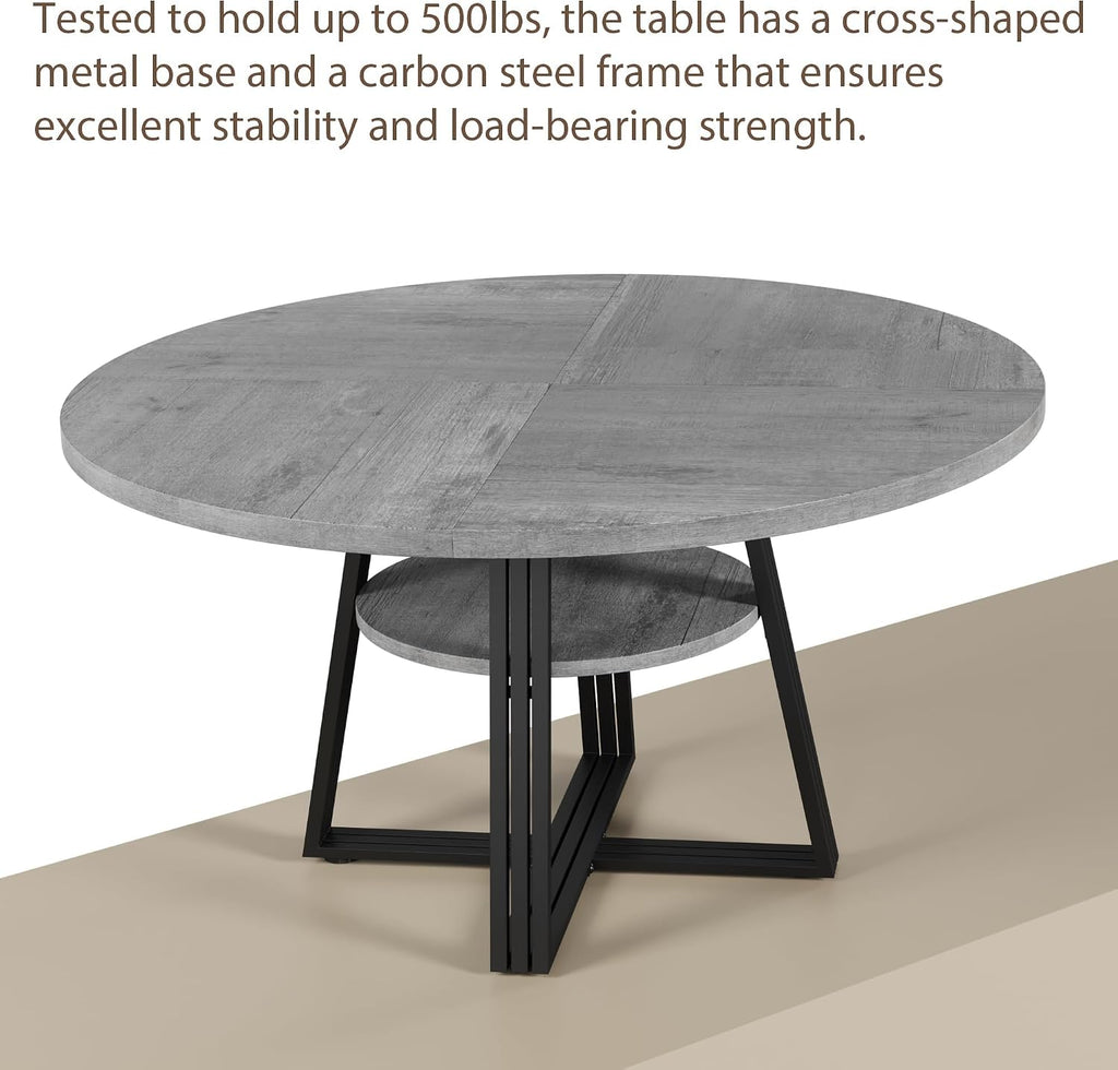 47.2 Inch Round Dining Table for 4-6 People - Farmhouse Kitchen Table with 2-Tier Storage Shelf & x-Shaped Metal Base, Circle Dinner Table for Dining Room, Living Room, Apartment（Grey）