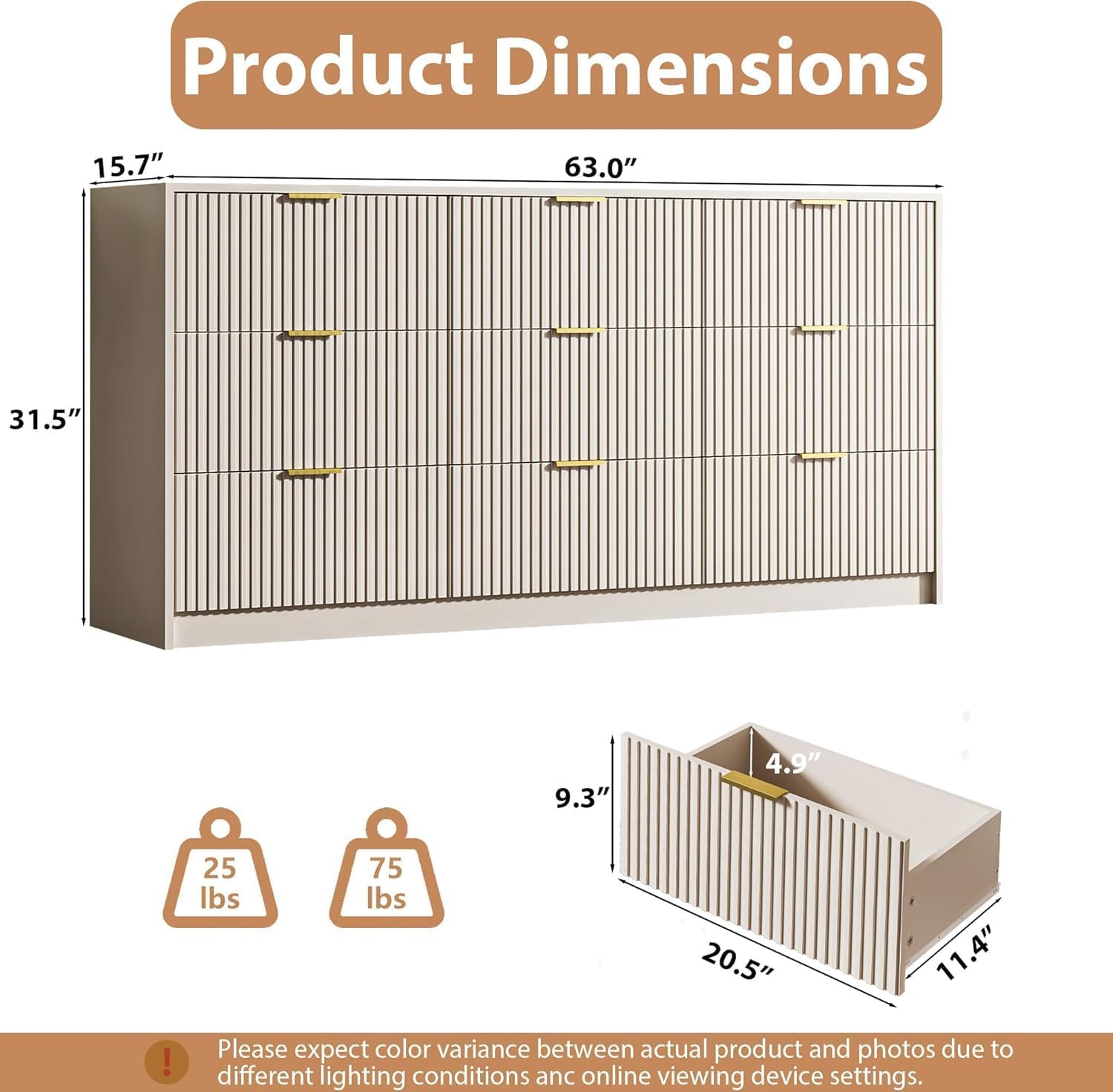 MAISONARIA Beige 9 Drawer Dresser for Bedroom, 63' Wide Modern Fluted Dresser with Gold Metal Handles, Chest of Drawers for Bedroom, Living Room, Entryway, Hallway