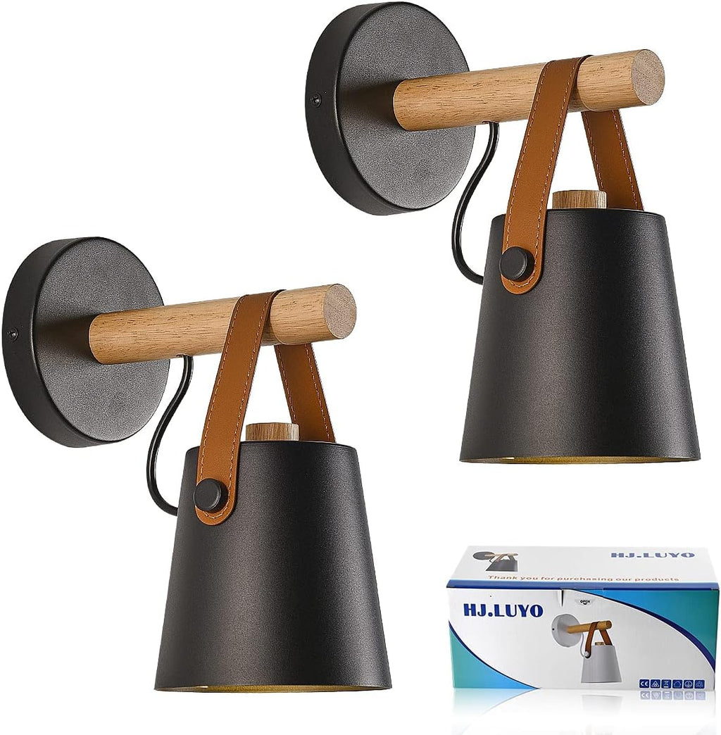 Wall Lamps for Bedroom Indoor Wall Sconces Set of 2 Black Modern Wooden Wall Lighting Fixture E26 Base for Nightstand or Farmhouse Aisle Corridor