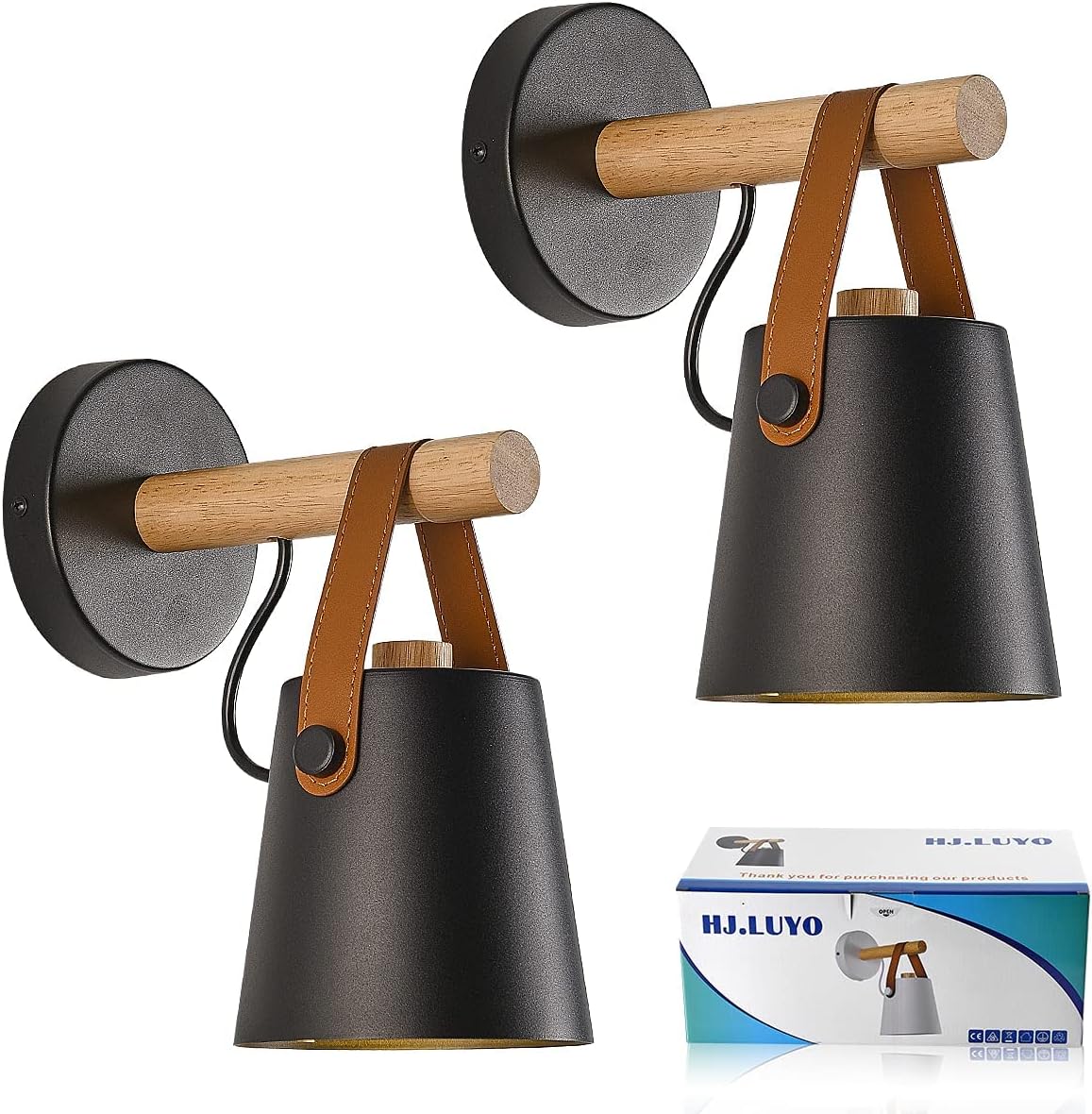 Wall Lamps for Bedroom Indoor Wall Sconces Set of 2 Black Modern Wooden Wall Lighting Fixture E26 Base for Nightstand or Farmhouse Aisle Corridor