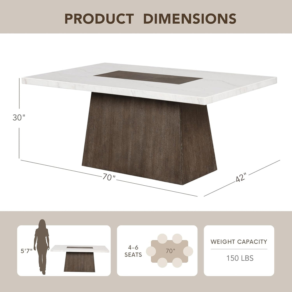 Furniture of America Rafferty Modern Solid Wood 70-inch Rectangle Dining Table with Genuine White Marble Tabletop and Tapered Pedestal Base, Seats up to 6, for Home Kitchen, Living Room, Dark Walnut