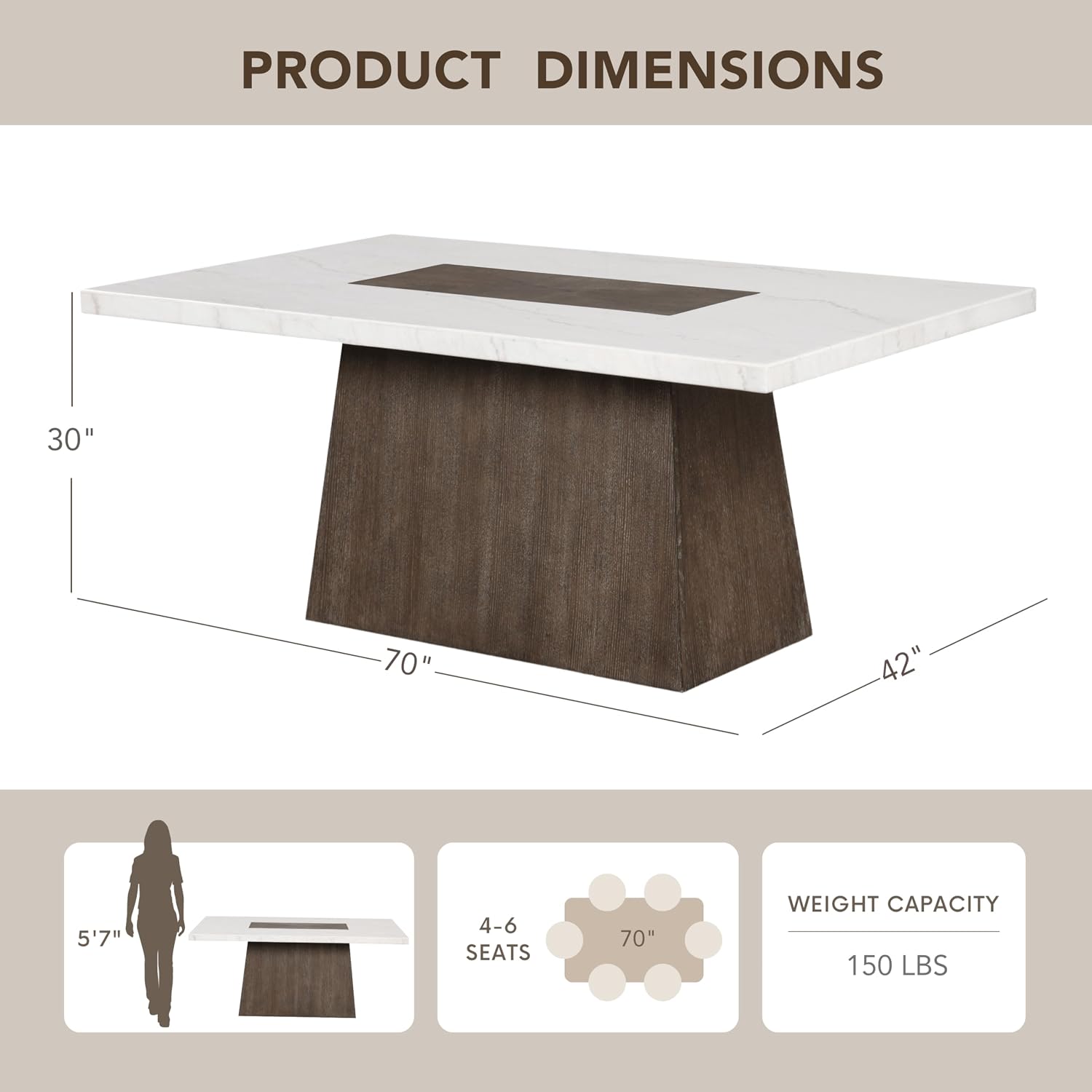 Furniture of America Rafferty Modern Solid Wood 70-inch Rectangle Dining Table with Genuine White Marble Tabletop and Tapered Pedestal Base, Seats up to 6, for Home Kitchen, Living Room, Dark Walnut