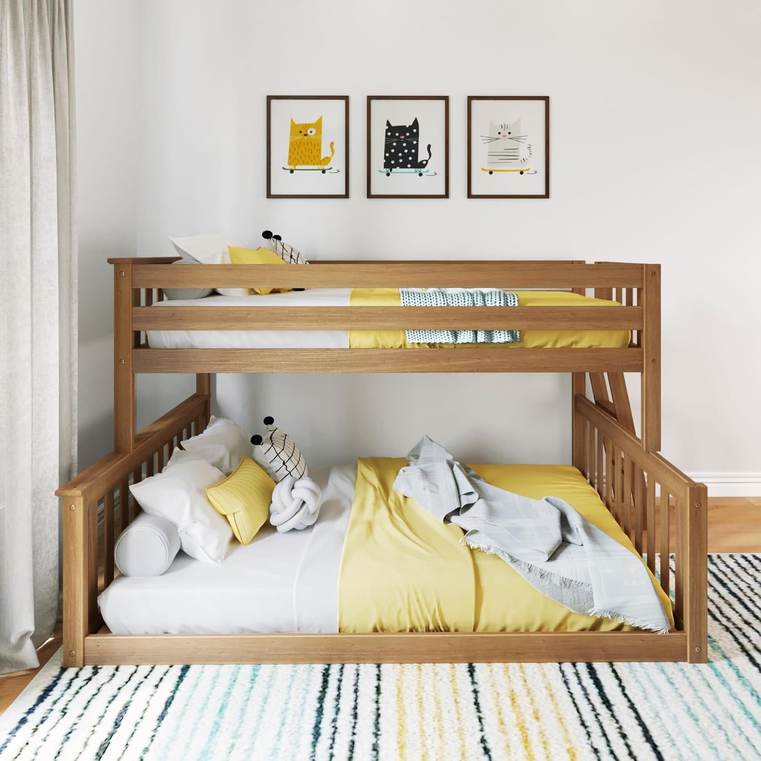 Twin Over Full Low Bunk with Angled Ladder on End, Pecan