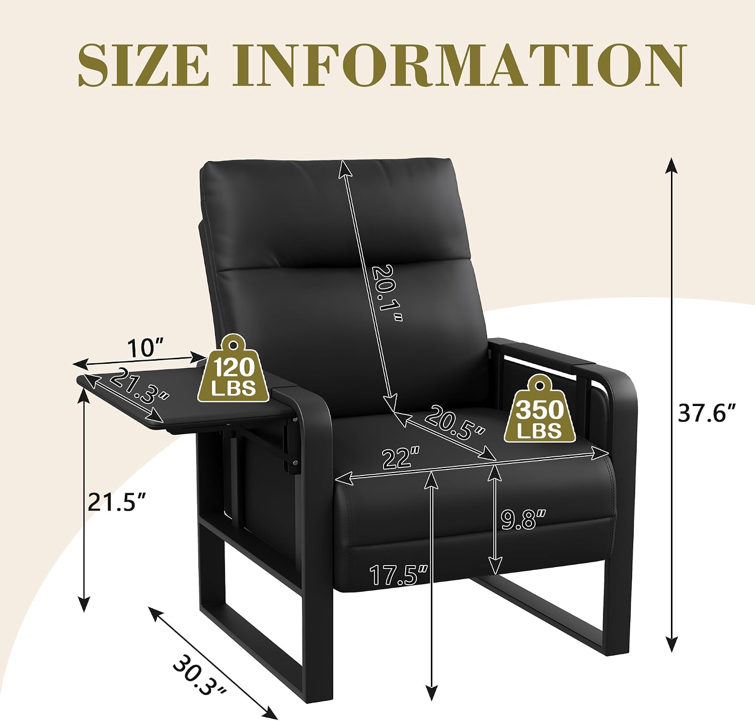 Modern Black Accent Chair PU Leather Upholstered Armchair with Foldable Side Table for Bedroom Living Room Chairs Office Chair