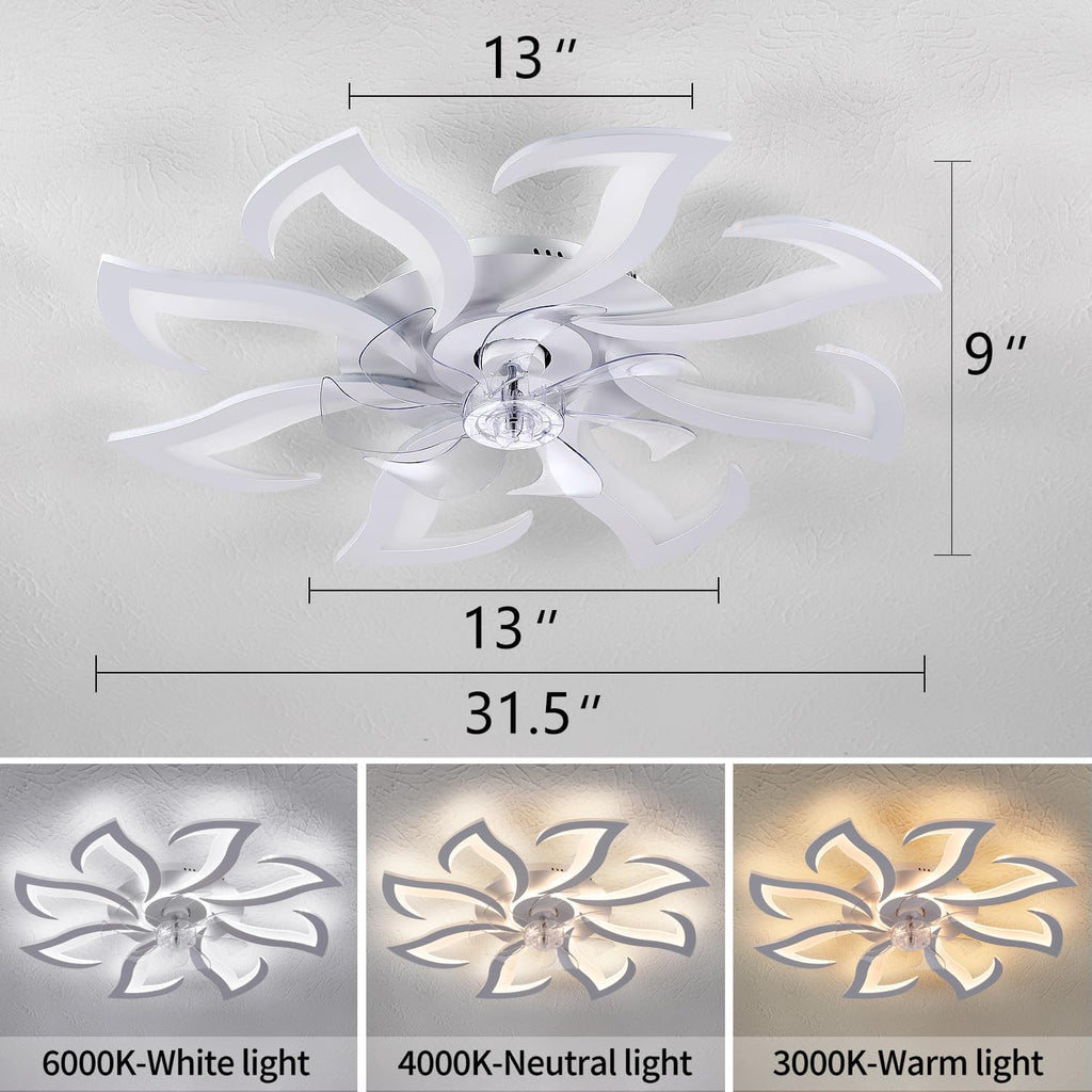 Dalouguan Modern Ceiling Fan with Lights Remote Control, 32' White Flush Mount Ceiling Fan with Light, 6 Speeds 3 Light Color Low Profile Ceiling Fan for Kitchen Bedroom