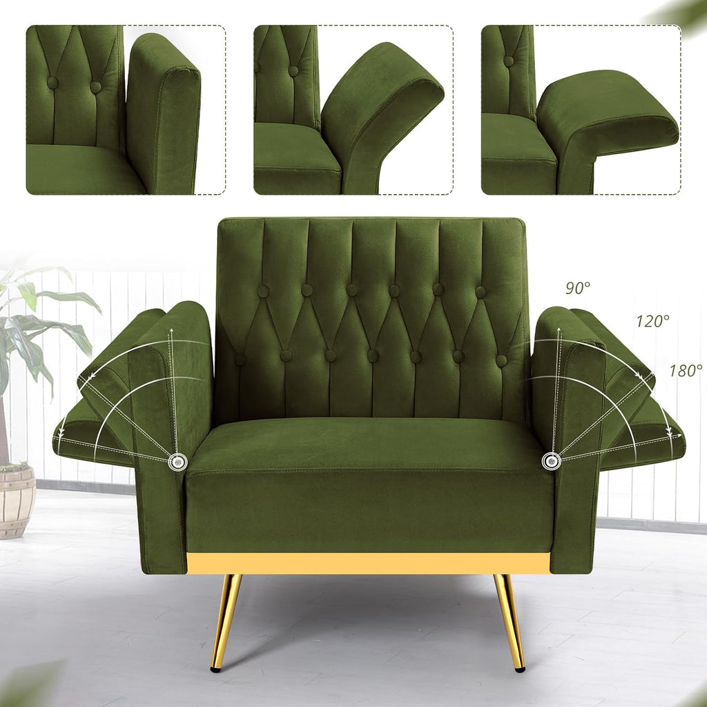 Velvet Accent Chair w/Adjustable Armrests and Backrest, Button Tufted Lounge Chair, Single Recliner Armchair with Ottoman and a Pillow for Living Room, Bedroom,Olive Green