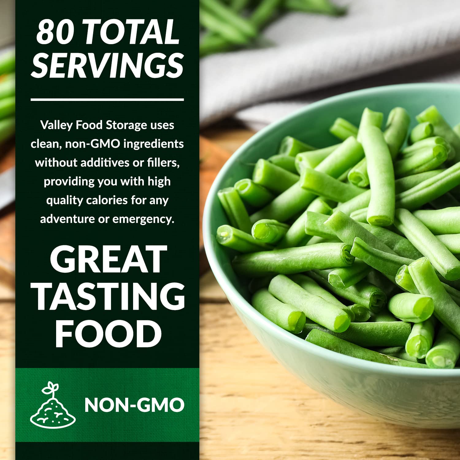 Valley Food Storage Freeze Dried Green Beans | 10-Bag Bucket, 28.2 oz | Premium Emergency Food Supply, 25 Year Shelf Life | Non-GMO Prepper Food for Camping, Cooking & Long-Term Storage, Packaged in USA