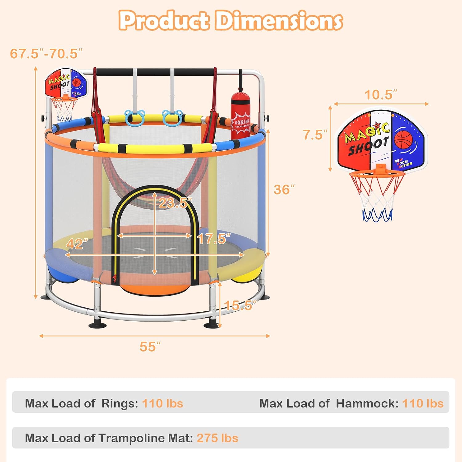 OLAKIDS 55' Trampoline for Kids, Indoor Outdoor Adjustable Toddler Trampoline with Safety Enclosure Net, Baby Recreational Trampolines with Basketball Hoop Hammock Boxing Bag Gymnastic Bar Rings