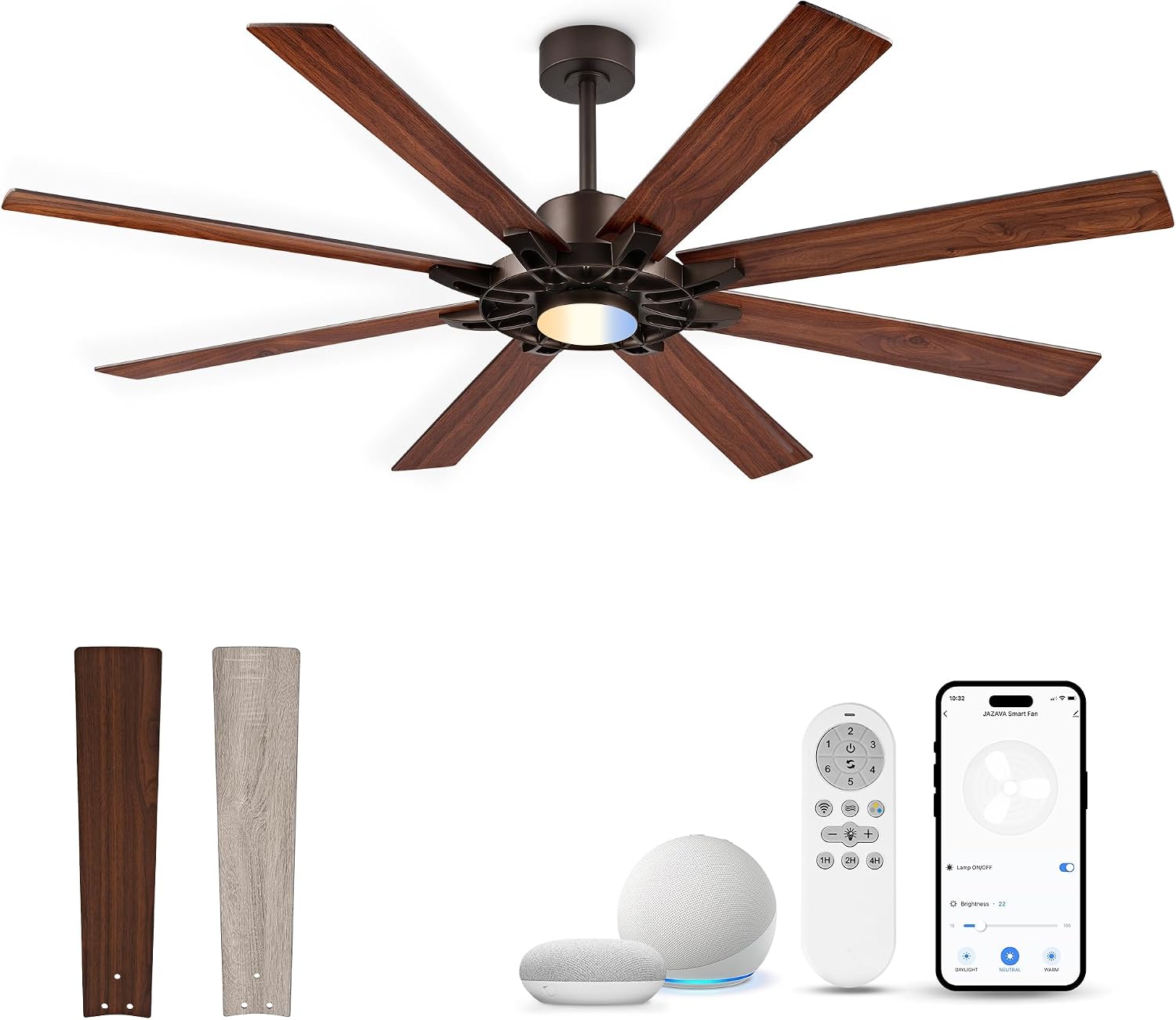 72 Inch Ceiling Fan with Light,Smart Ceiling Fan with Alexa Control,Large Oil Rubbed Bronze Indoor Outdoor Ceiling Fan,Modern Quiet Fan with Dual Finish 8 Blades for Patio, ZCCF05ORB-72