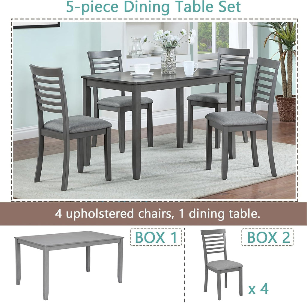 5-Piece Dining Table Set for 4, Kitchen Dining Table with 4 Soft Cushioned Solid Wood Chairs, Ideal for Home or Restaurant Use.(Gray_Medium)
