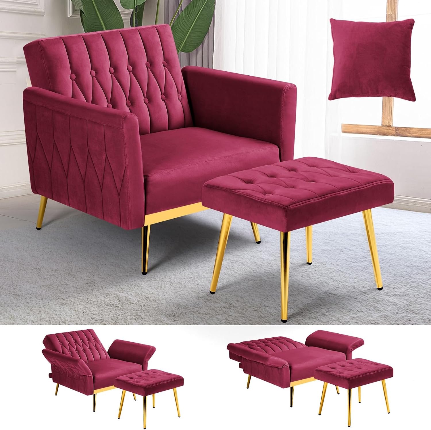Velvet Accent Chair with Adjustable Armrests and Backrest, Button Tufted Lounge Chair, Single Recliner Armchair with Ottoman and Pillow for Living Room, Bedroom, Fuchsia