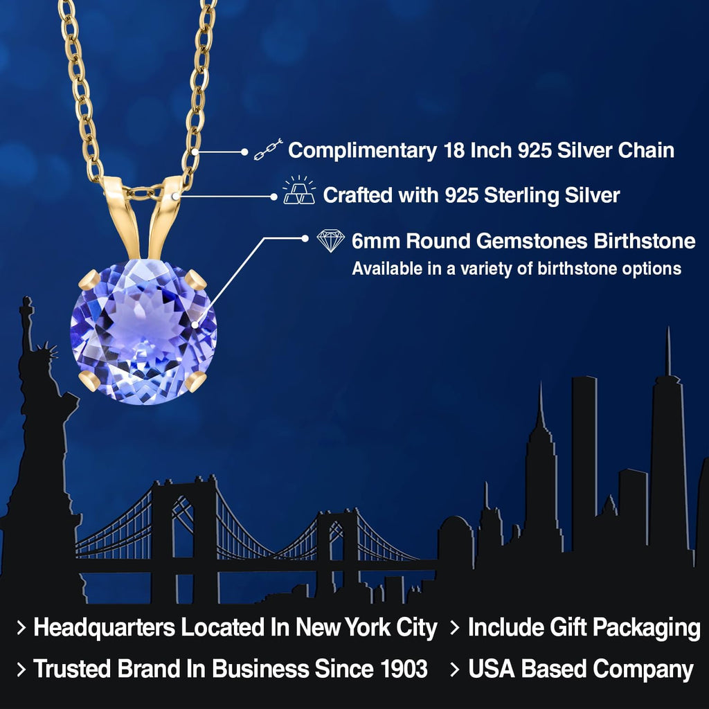 Gem Stone King 14K Yellow Gold Blue Tanzanite Pendant Necklace for Women | 0.90 Cttw | Gemstone December Birthstone | Round 6MM | With 18 Inch Silver Chain