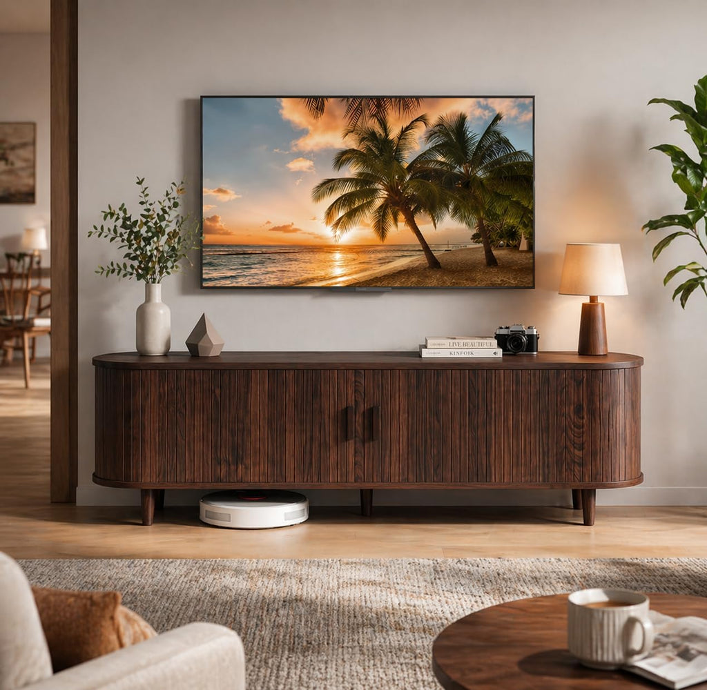 MXV 58' Mid-Century Modern TV Stand with Sliding Doors, TV Consoles with Power Outlet, Fluted Entertainment Center with Adjustable Shelves for Living Room