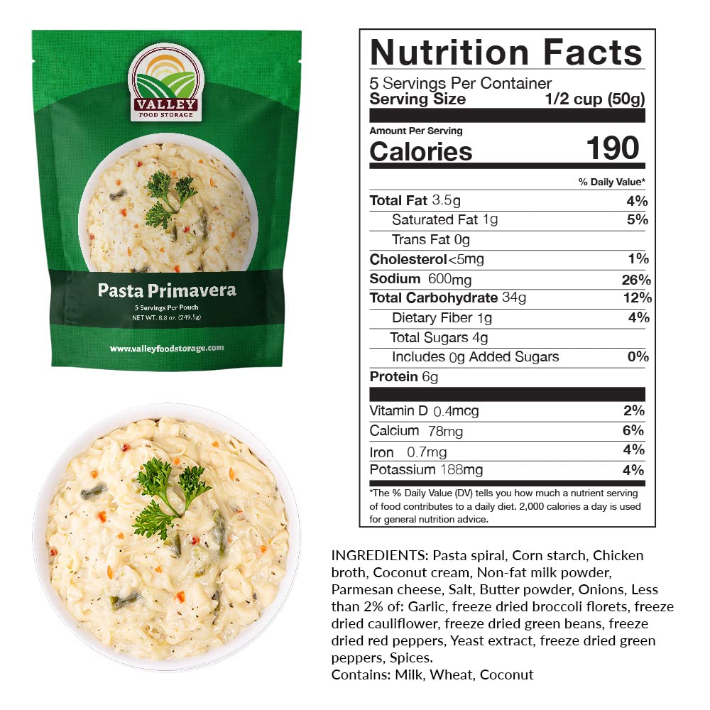 Valley Food Storage Pasta Primavera | 10-Bag Bucket, 50 Servings | Non-GMO Premium Emergency Food Supply, 25 Year Shelf Life | Survival Meal Kits, Prepper Food & Off-Grid Living Supplies, Packaged in USA