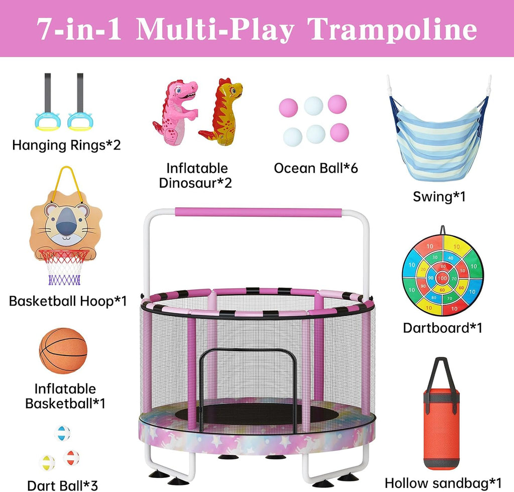 Lamerge Kids Trampoline, Toddler Bouncing Trampoline with Safety Enclosure Net, ASTM-Approved, 500lbs Capacity, Ages 1-8, Adjustable Handrail, 7-in-1, 60'
