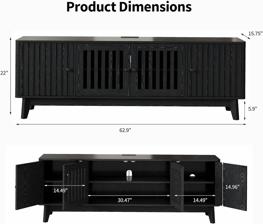 GarveeHome Mid Century Modern TV Stand, 63'' TV Stands for Living Room with Power Output and Adjustable Shelves, Entertainment Center with Storage and 4 Grille Doors, Wooden TV Console, Black
