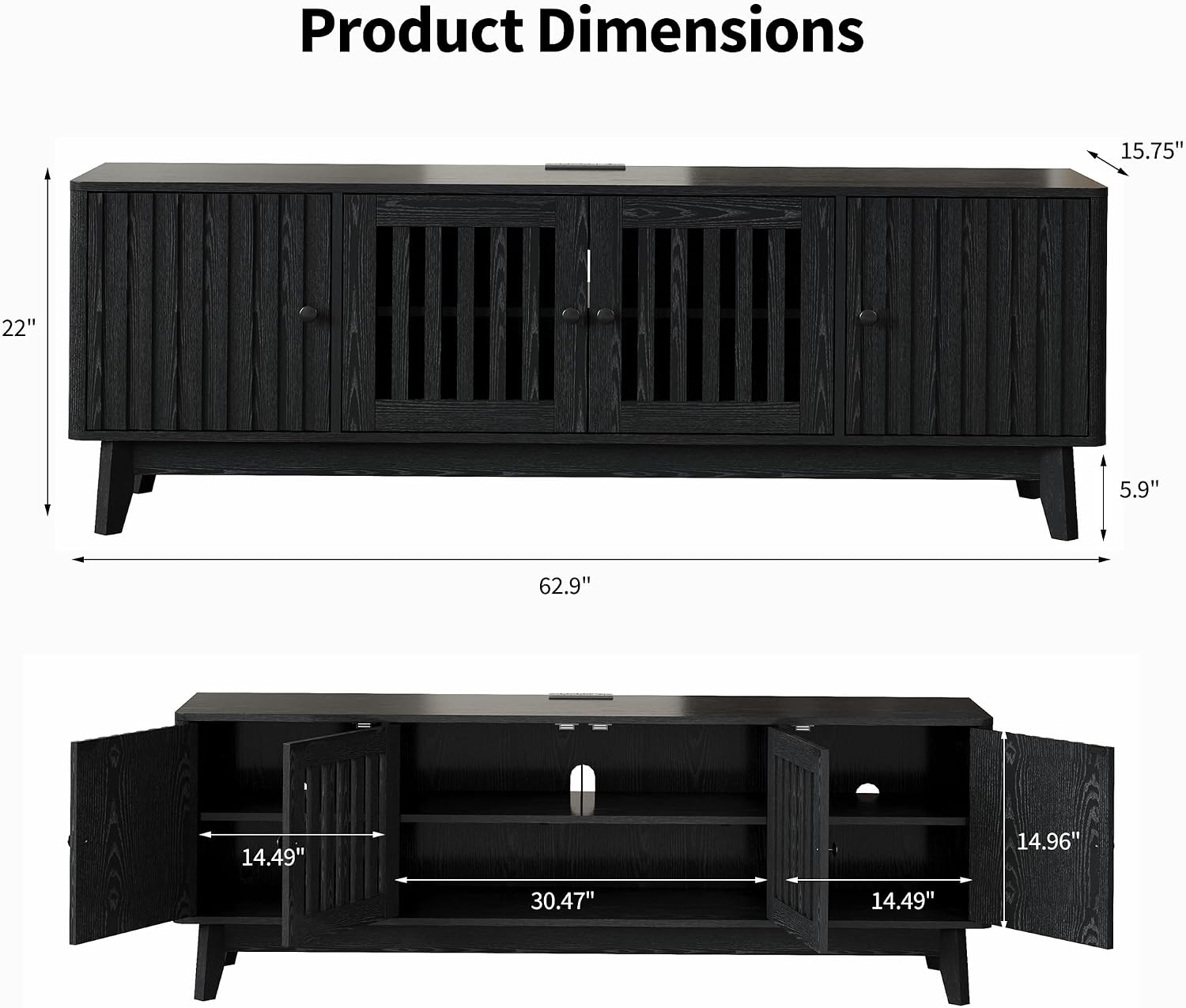 GarveeHome Mid Century Modern TV Stand, 63'' TV Stands for Living Room with Power Output and Adjustable Shelves, Entertainment Center with Storage and 4 Grille Doors, Wooden TV Console, Black