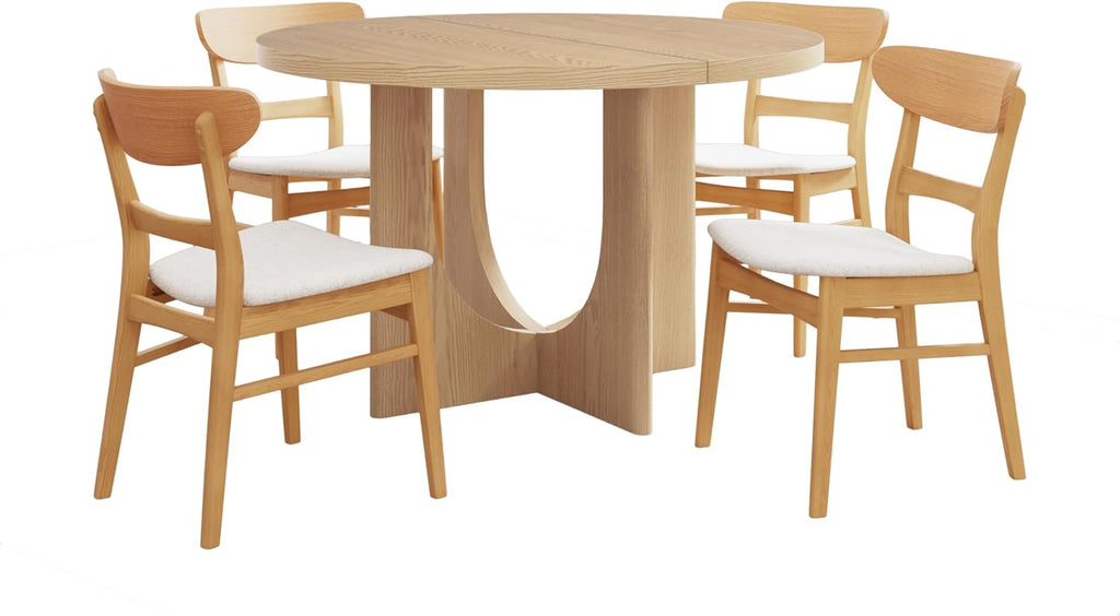 Christopher Knight Home Zeka Wooden Round Dining Table Set for 4, 5 Piece Dining Set, Dining Room Table Set for 4, Kitchen Table with Cross Leg and Upholstered Chairs, Natural + Beige