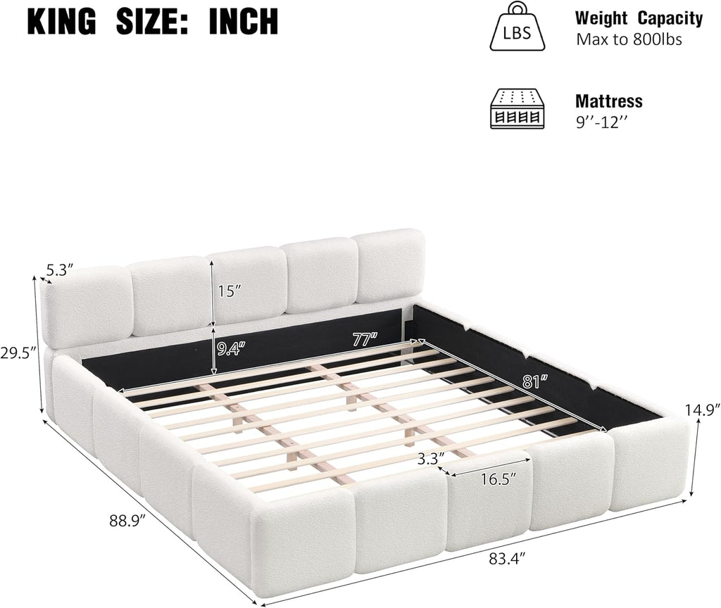 Christopher Knight Home Hazel King Size Platform Bed, Boucle Thick Headboard and Footboard, Upholstery Grounded Beds, Block Style, Wood Slats Panel Support, No Spring Box Needed, Easy Assembly, White