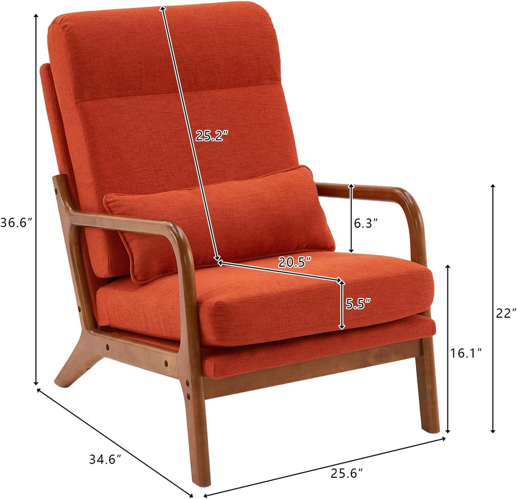 Karl home Accent Chair Mid-Century Modern Chair with Pillow High Back Linen Fabric Upholstered Lounge Arm Chair with Solid Wood Frame & Soft Cushion for Living Room, Bedroom, Balcony, Burnt Orange