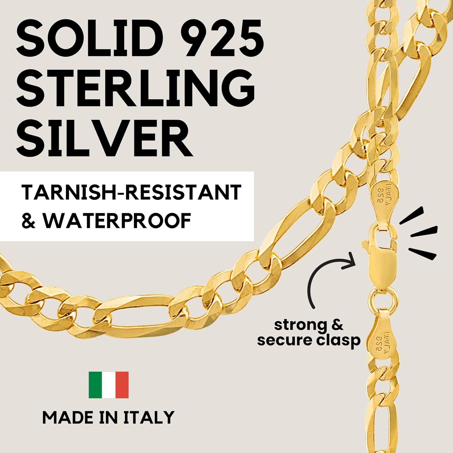 KISPER Men's 18K Gold Plated Sterling Silver Figaro Chain Necklace – 5mm Solid Italian Link with Lobster Clasp, Made in Italy