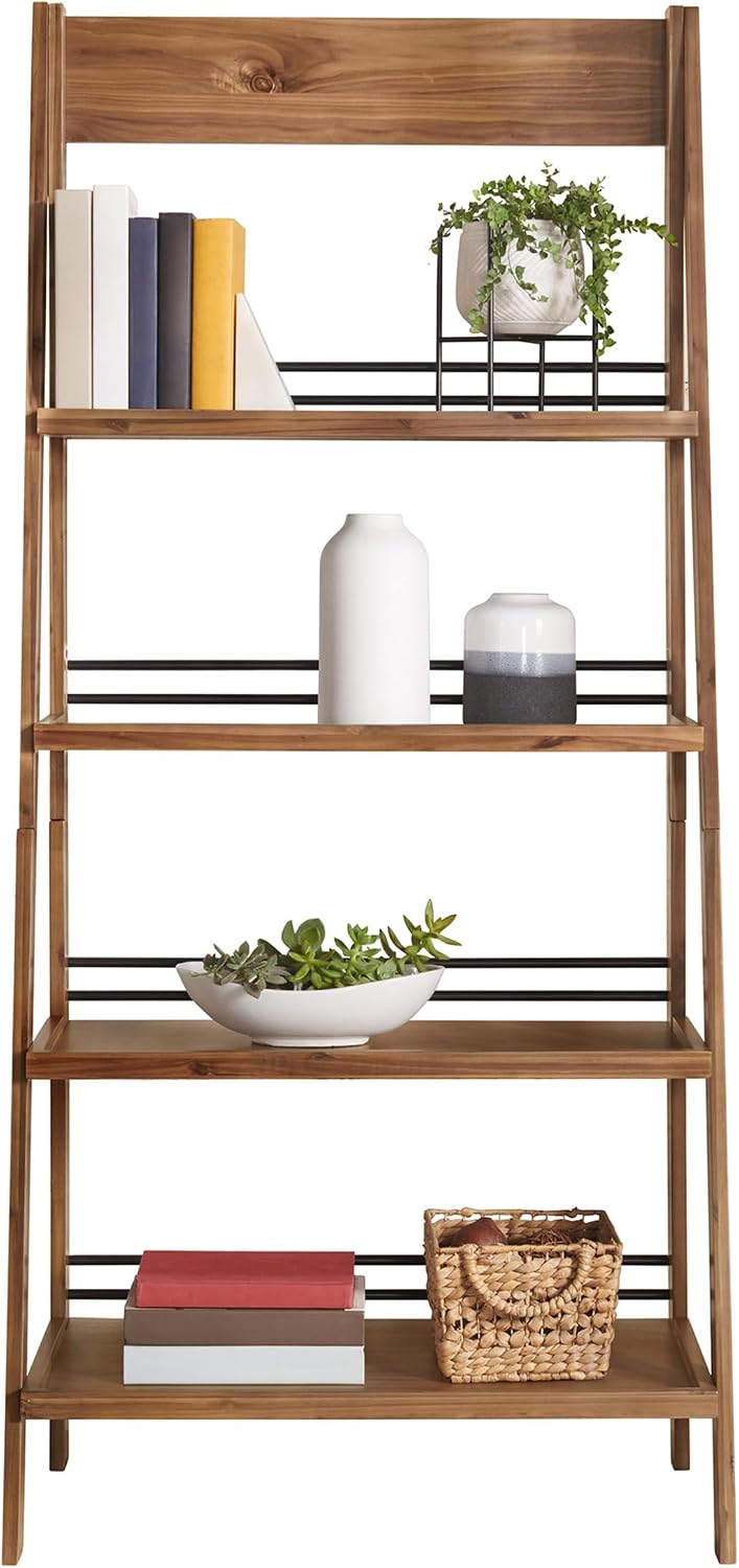 4-Tier Ladder Bookshelf - Freestanding Bookcase with Bar Back Frame - Shelves for Living Room, Kitchen, Bedroom, and Office by Lavish Home (Walnut)