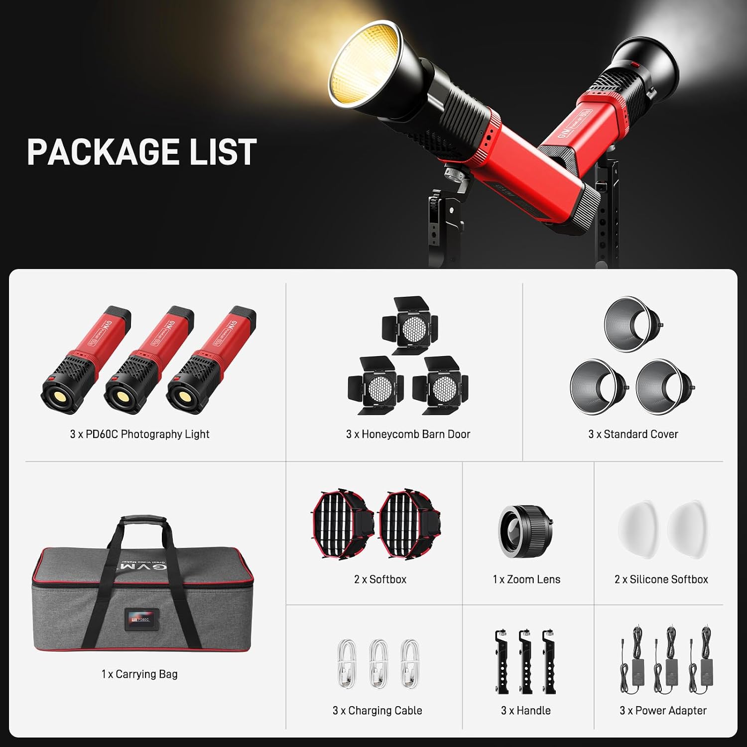 GVM PD60B 60W COB Video Light,3 Packs Portable Bi-Color Studio Lights CRI97+ 2700~6800K,49300 Lux@0.5m, Handheld Photography Lighting for Outdoor/Indoor Shooting, Spotlight for 12 Light Effects