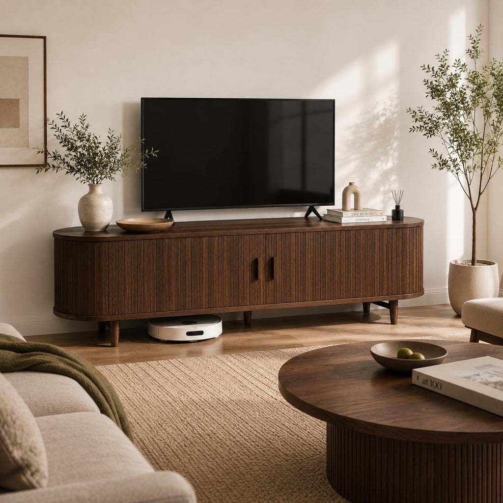 MXV 70' Mid-Century Modern TV Consoles with Sliding Doors, TV Stand with Power Outlet, Fluted Entertainment Center with Adjustable Shelves, for Living Room