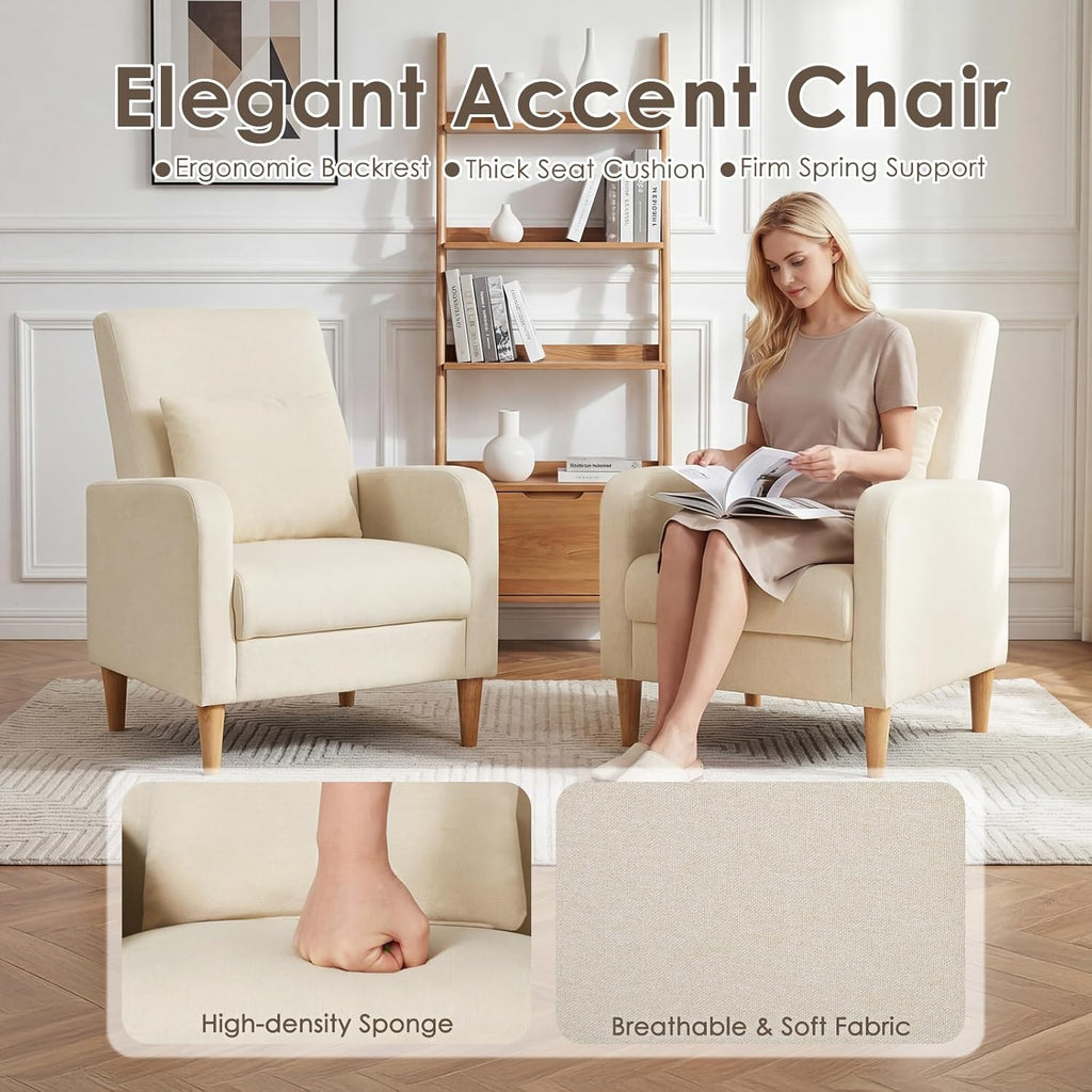 COLAMY Mid-Century Modern Upholstered Accent Chair with Back Pillow & Solid Wood Legs, Fabric Cozy Armchair for Living Room, Bedroom, Reading Nook, Apartment & Small Spaces, Beige