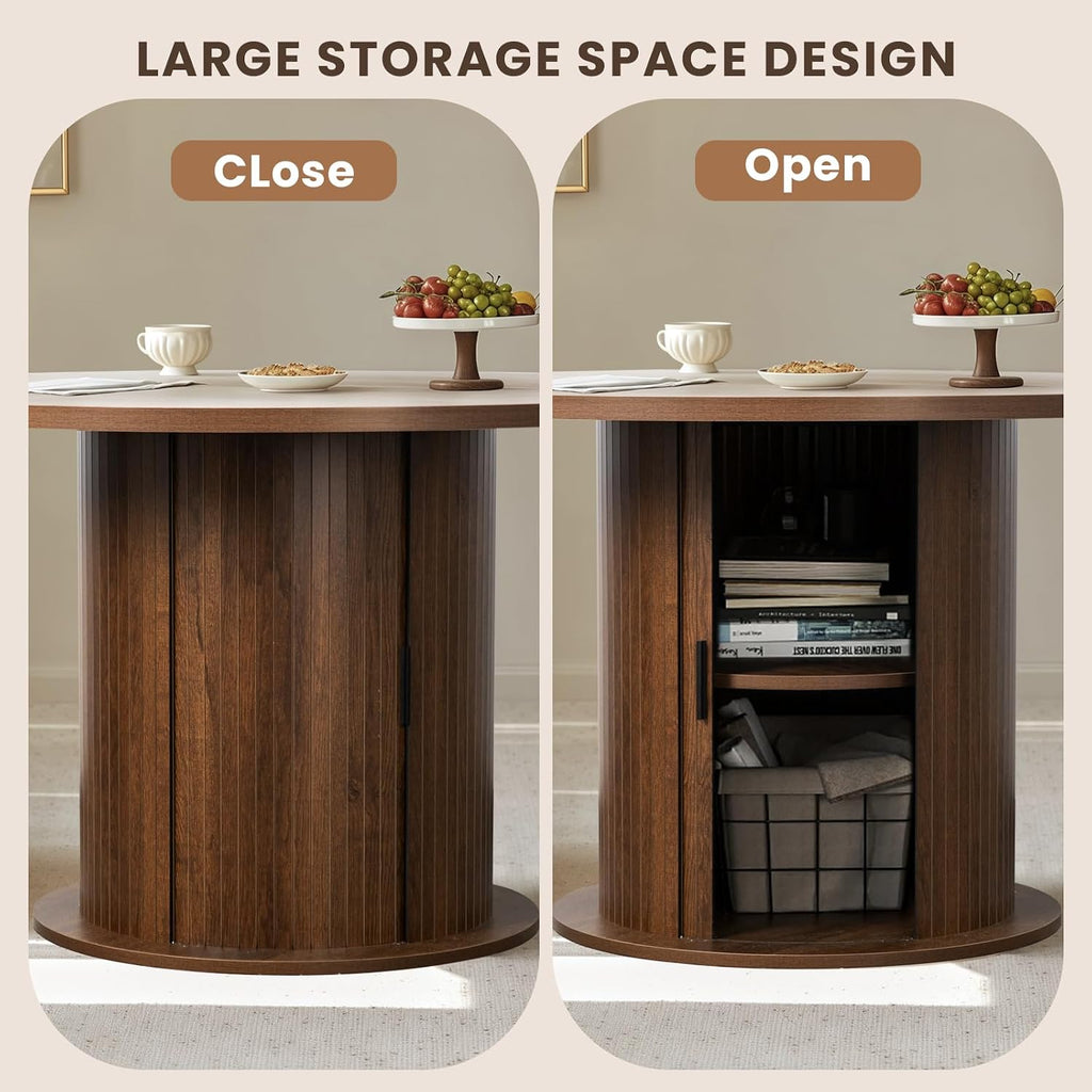 47' Round Dining Table with 2-Tier Hidden Storage - Space Saving Wood Kitchen Table for Small Spaces, Seats 4-6, Mid-Century Modern Circle Design,Brown