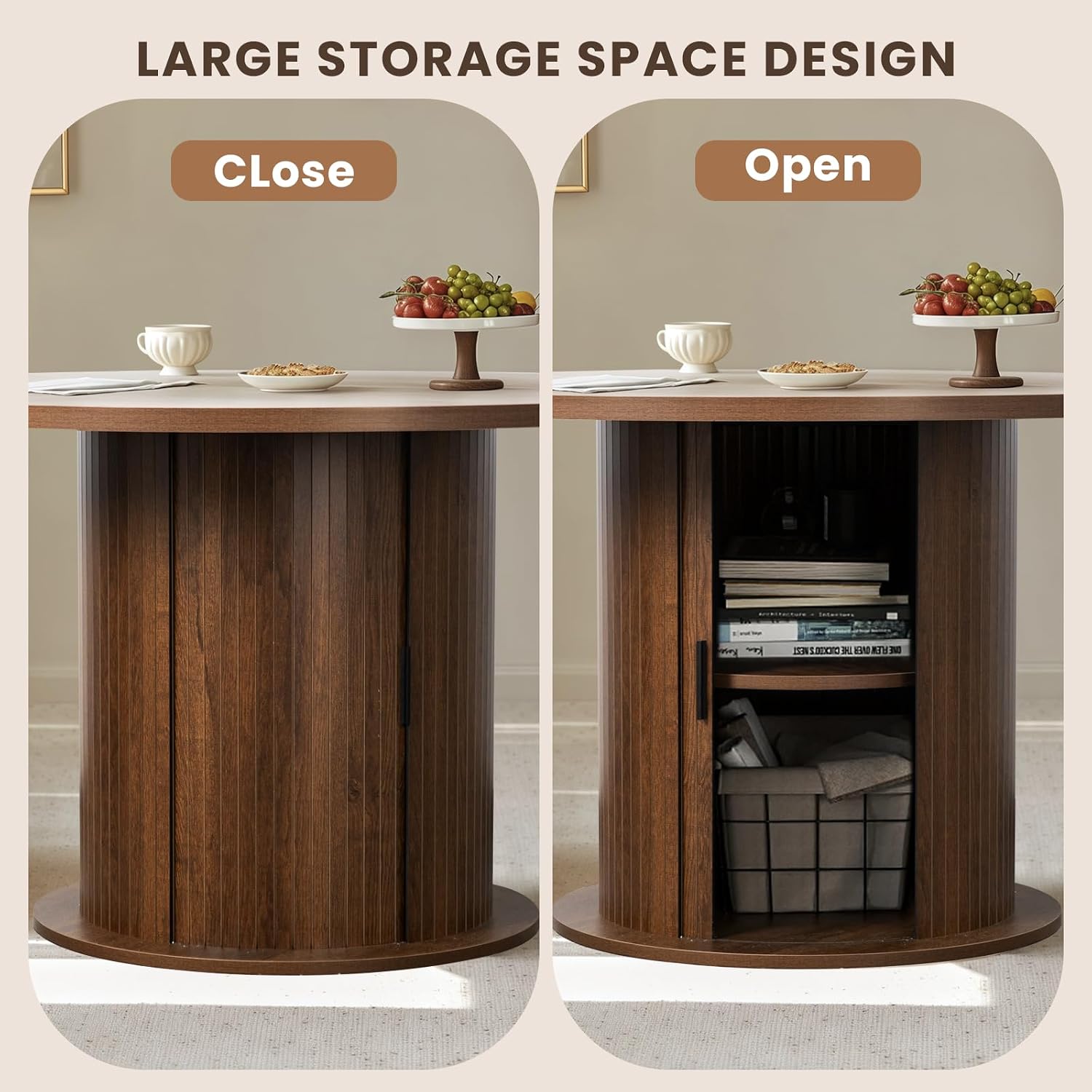 47' Round Dining Table with 2-Tier Hidden Storage - Space Saving Wood Kitchen Table for Small Spaces, Seats 4-6, Mid-Century Modern Circle Design,Brown