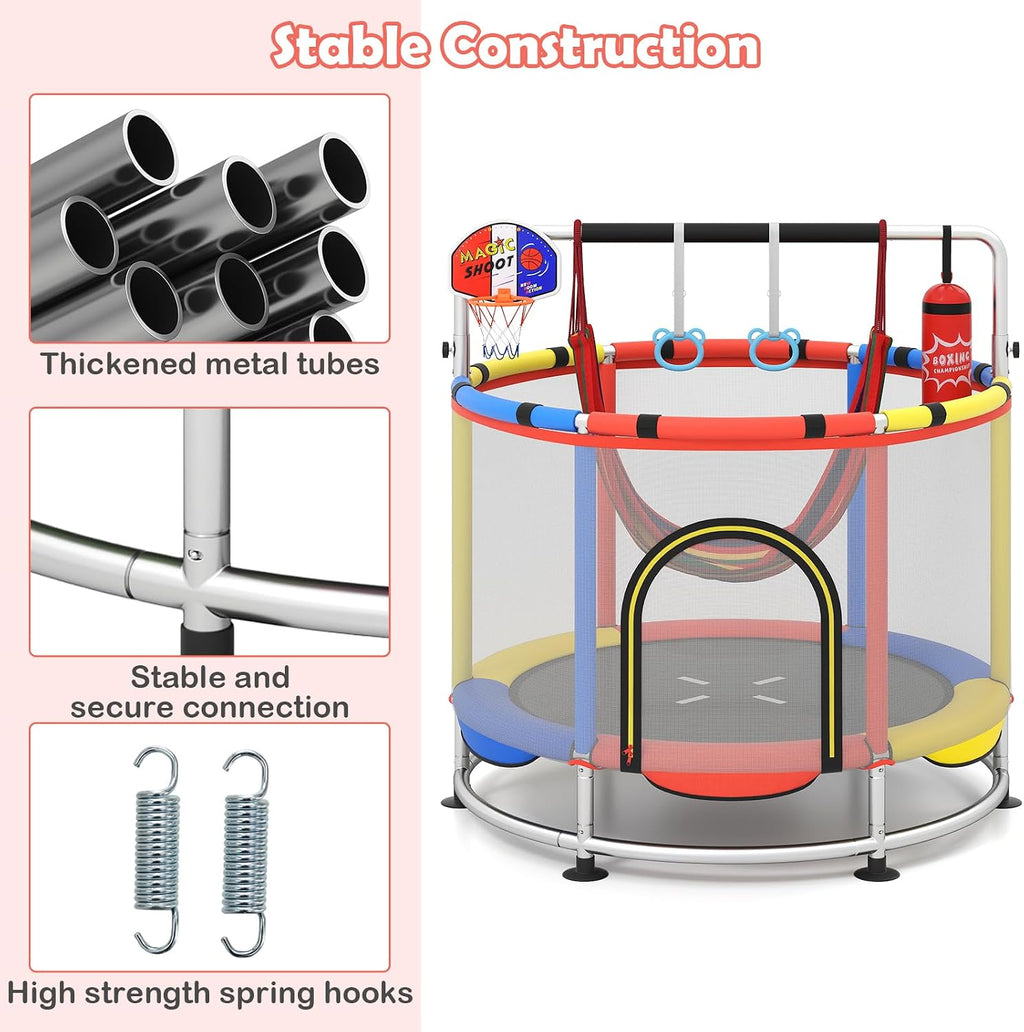OLAKIDS 55' Trampoline for Kids, Indoor Outdoor Adjustable Toddler Trampoline with Safety Enclosure Net, Baby Recreational Trampolines with Basketball Hoop Hammock Boxing Bag Gymnastic Bar Rings